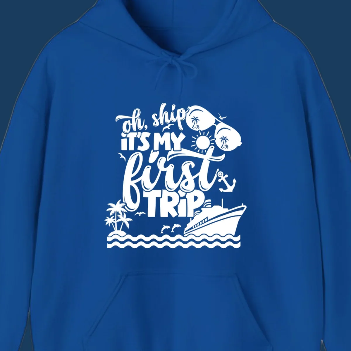 Oh Ship It's My First Trip design with cruise ship, sunglasses, palm trees, and text. first-cruise-trip.