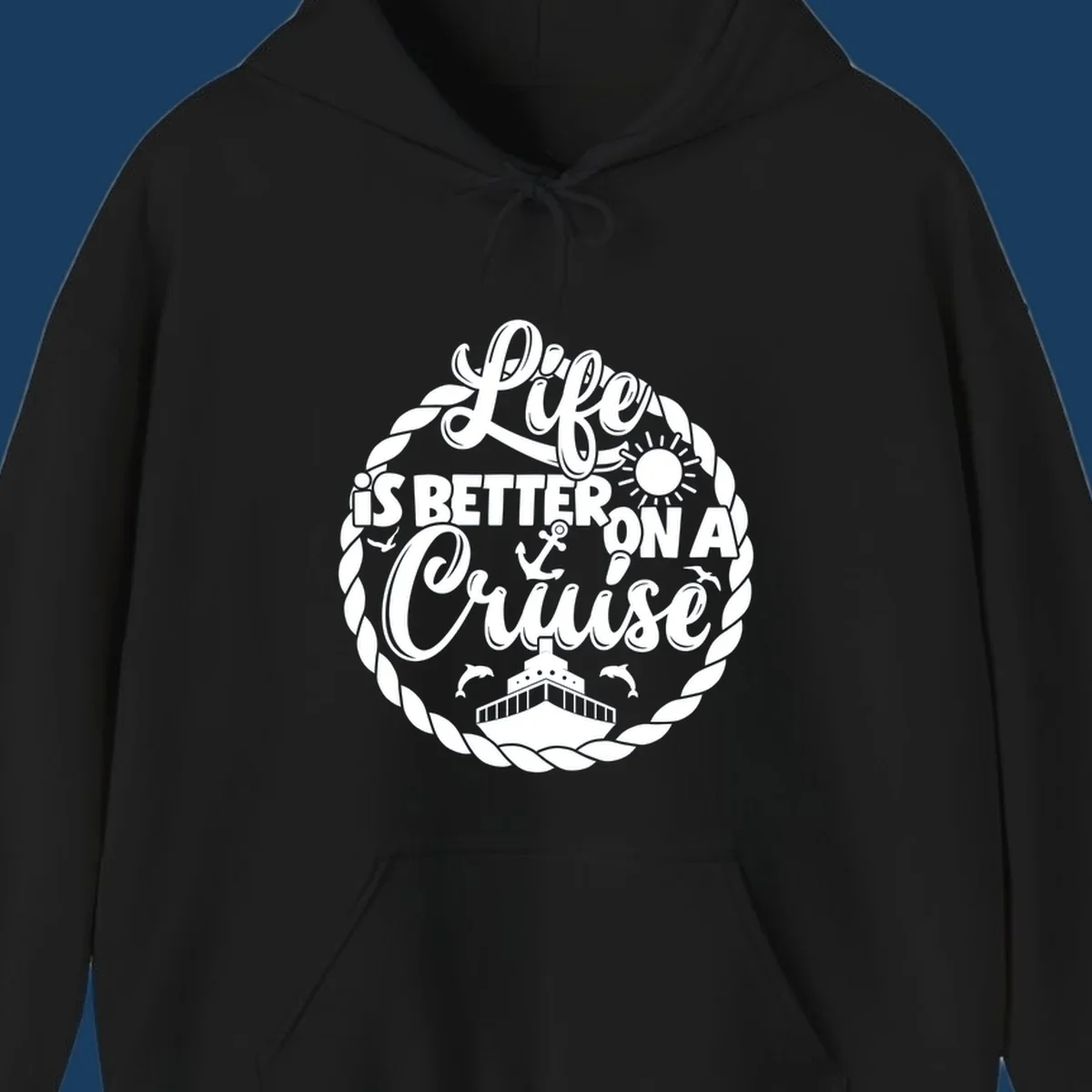 Life is better on a cruise design with ship, dolphins, sun, and rope border.