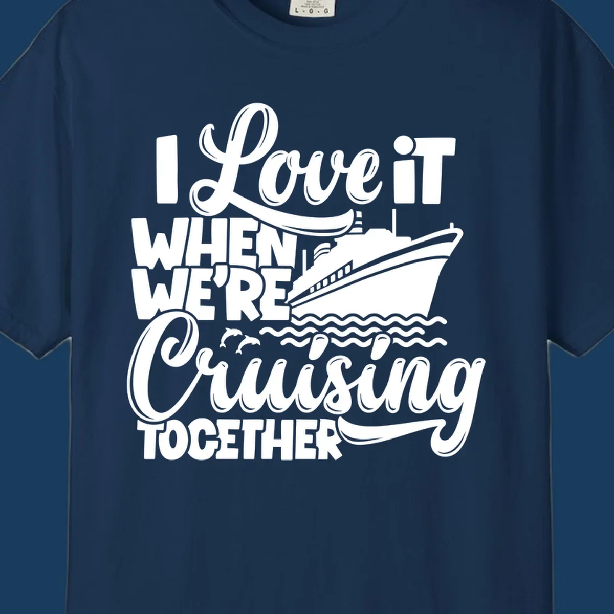 White text and illustration of a cruise ship, ocean waves, and dolphins for 'cruising-together-cruise'.