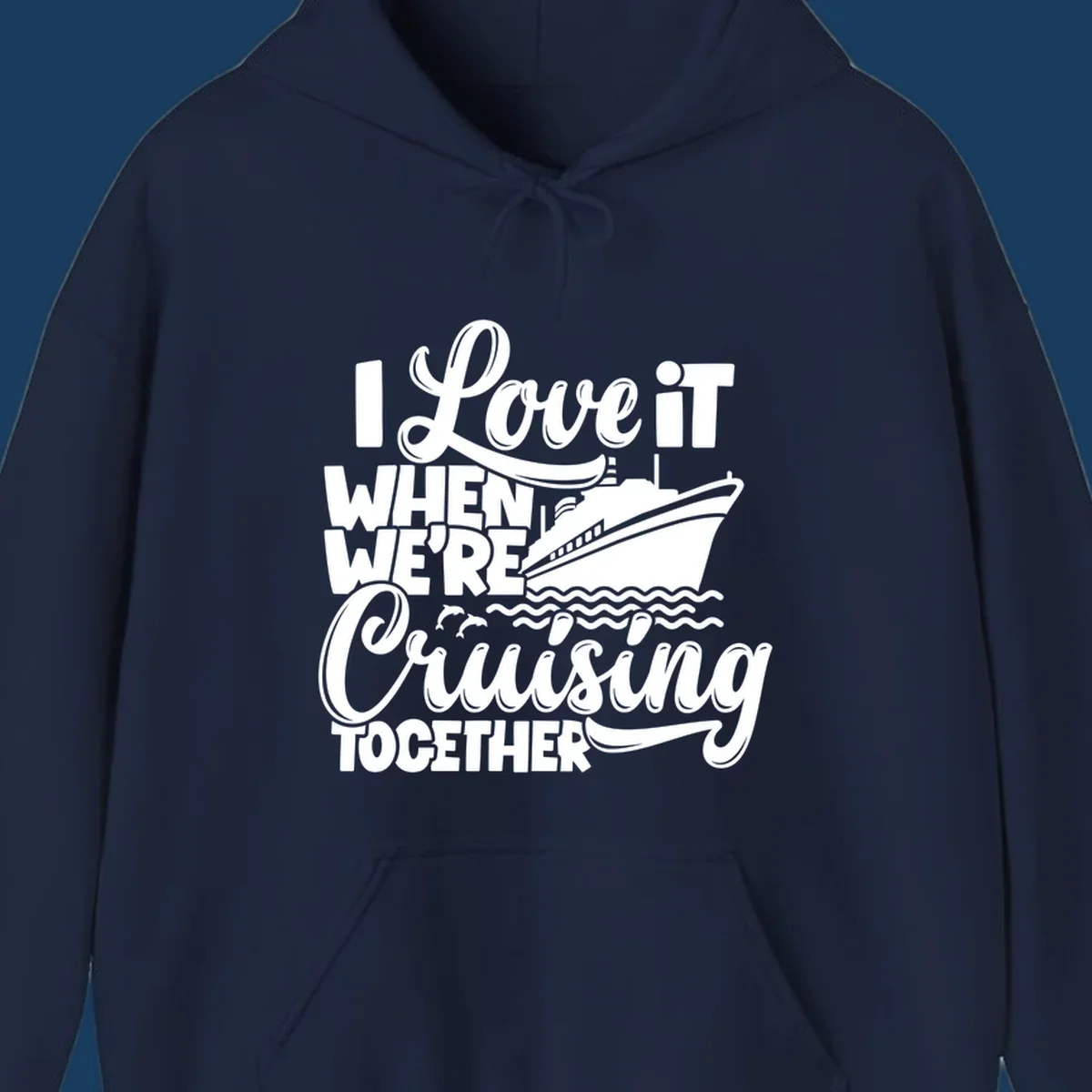 White text and illustration of a cruise ship, ocean waves, and dolphins for 'cruising-together-cruise'.