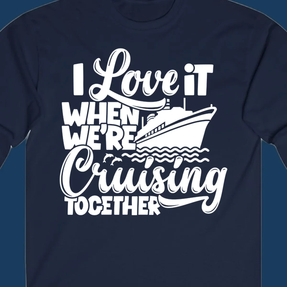 White text and illustration of a cruise ship, ocean waves, and dolphins for 'cruising-together-cruise'.