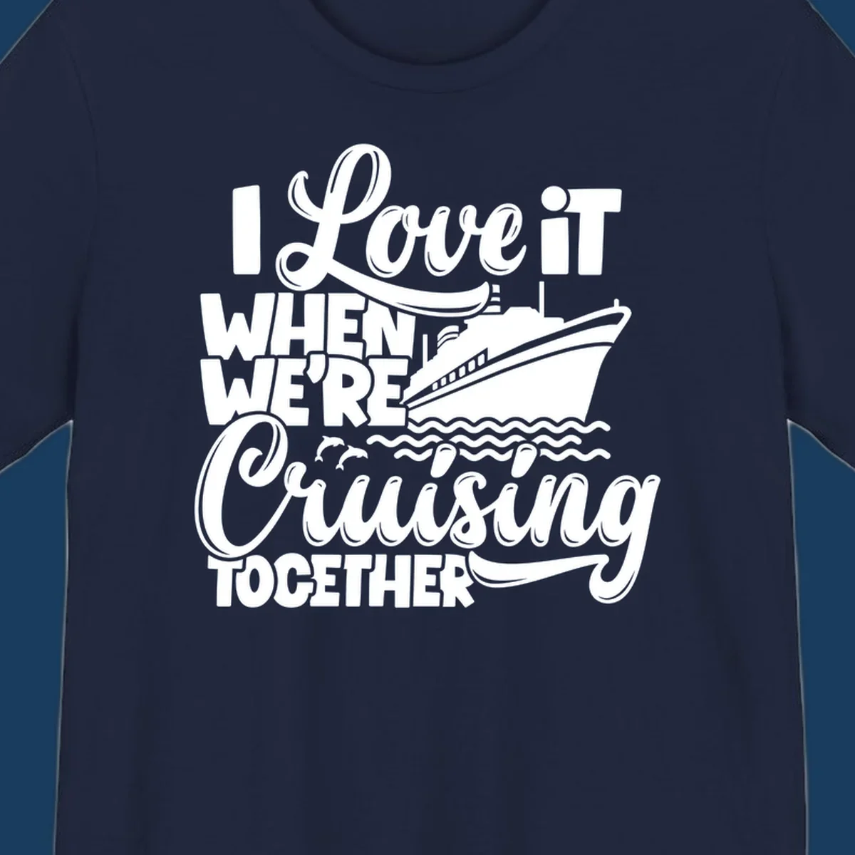 White text and illustration of a cruise ship, ocean waves, and dolphins for 'cruising-together-cruise'.