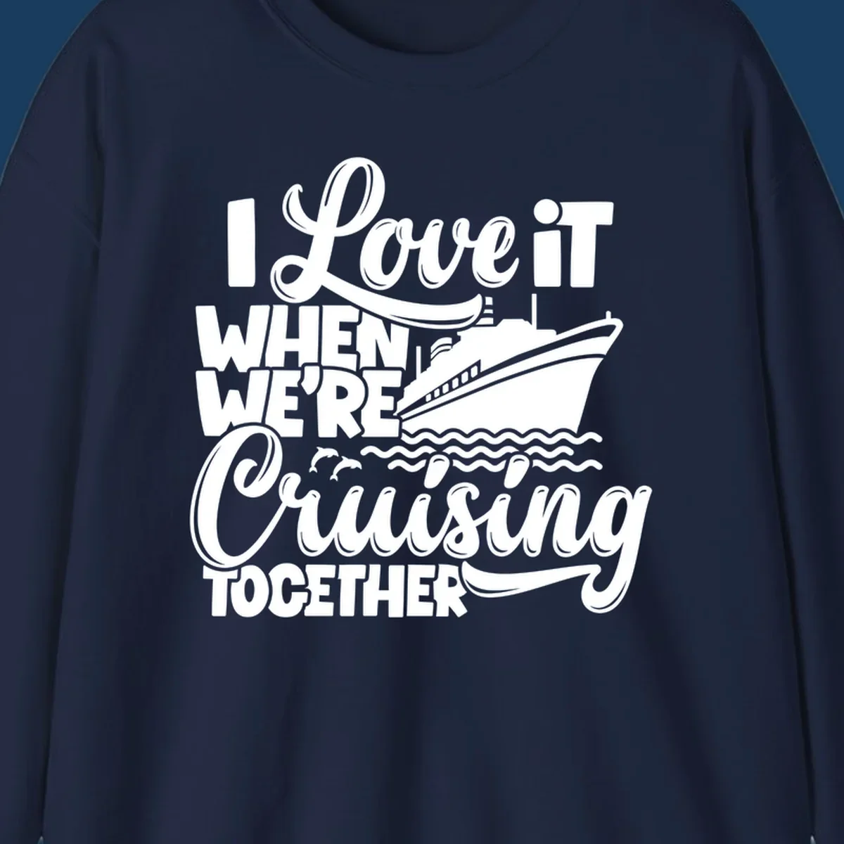 White text and illustration of a cruise ship, ocean waves, and dolphins for 'cruising-together-cruise'.