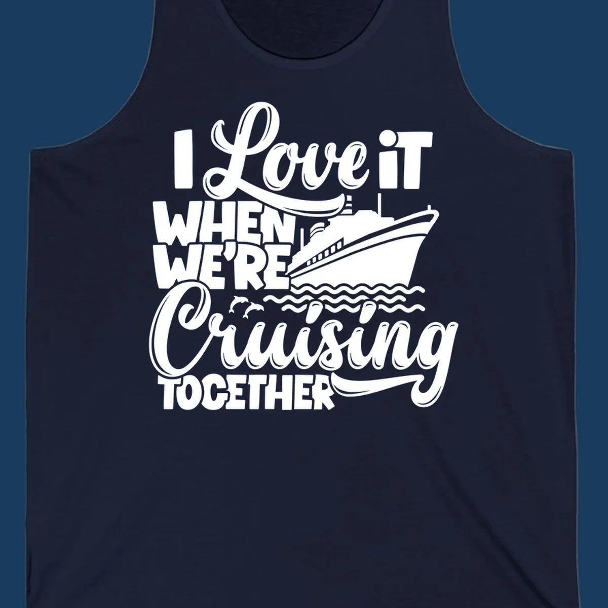 White text and illustration of a cruise ship, ocean waves, and dolphins for 'cruising-together-cruise'.