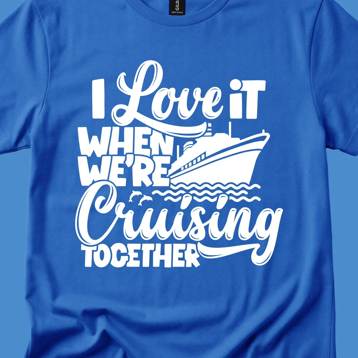White text and illustration of a cruise ship, ocean waves, and dolphins for 'cruising-together-cruise'.