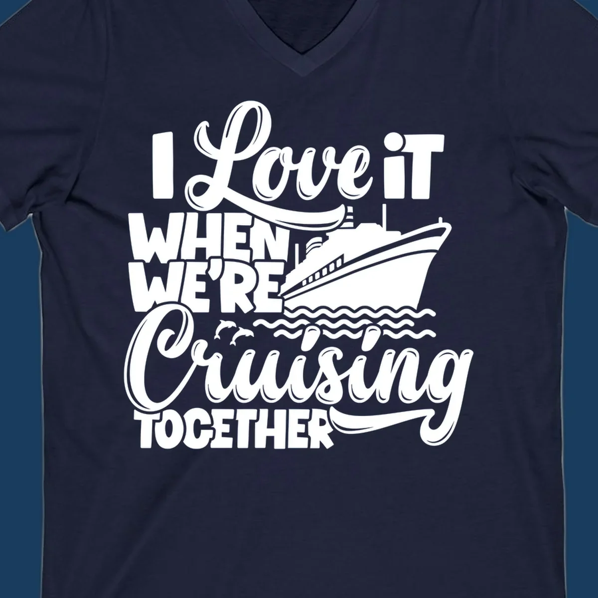 White text and illustration of a cruise ship, ocean waves, and dolphins for 'cruising-together-cruise'.