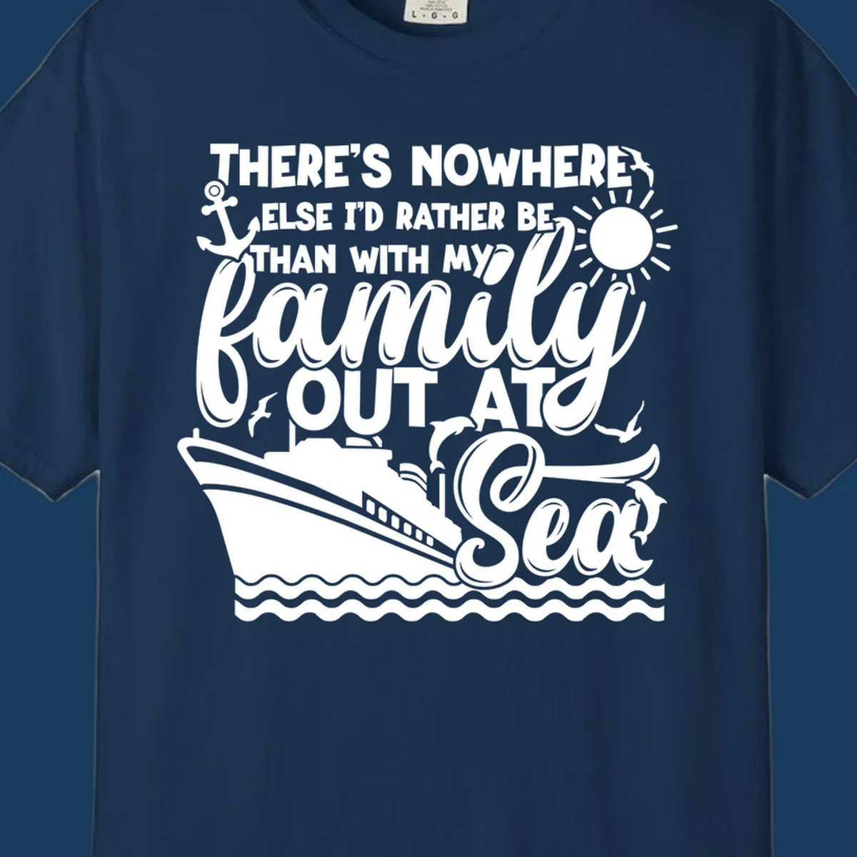 Family cruise out at sea design with text, ship, sun, anchor, birds, and dolphins.