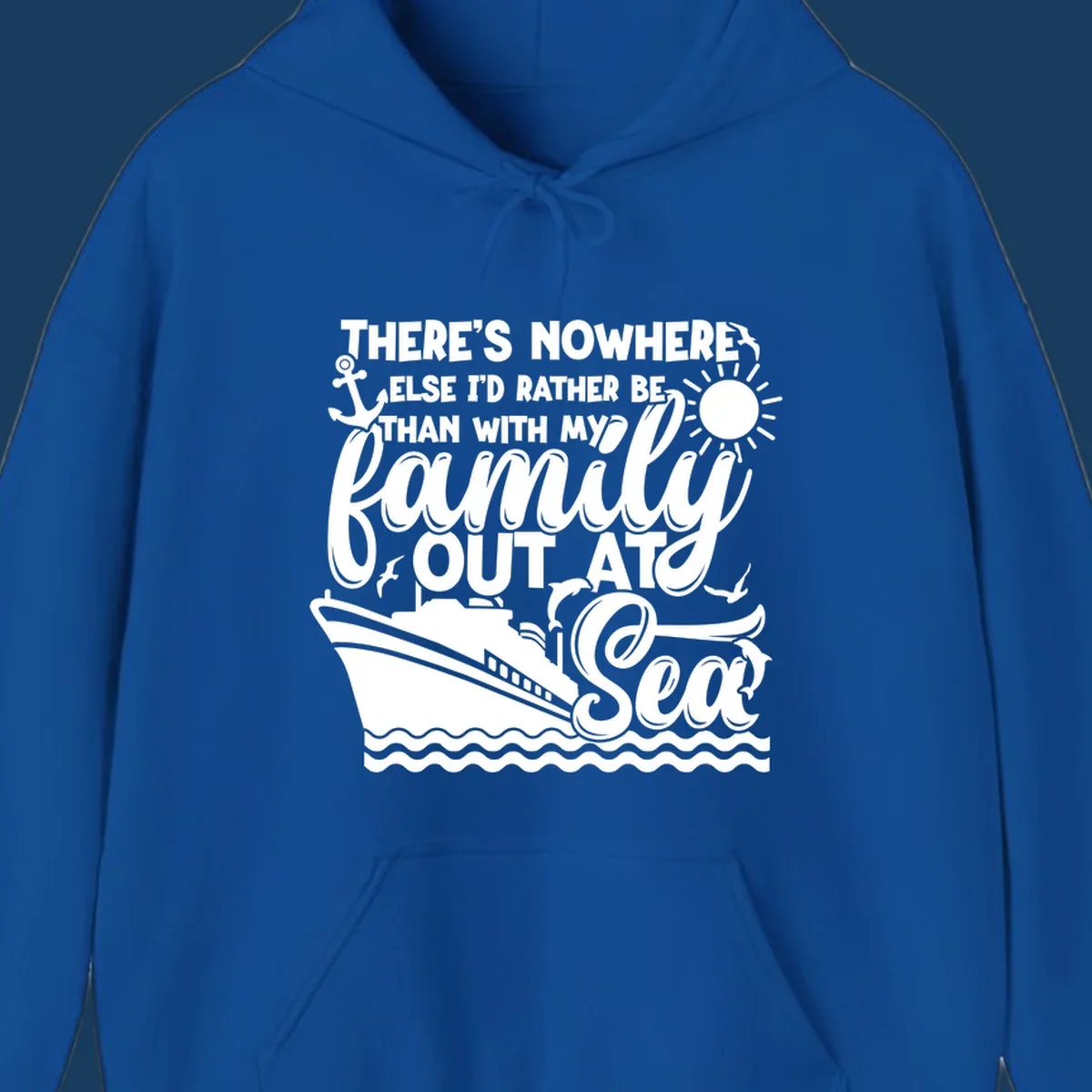 Family cruise out at sea design with text, ship, sun, anchor, birds, and dolphins.