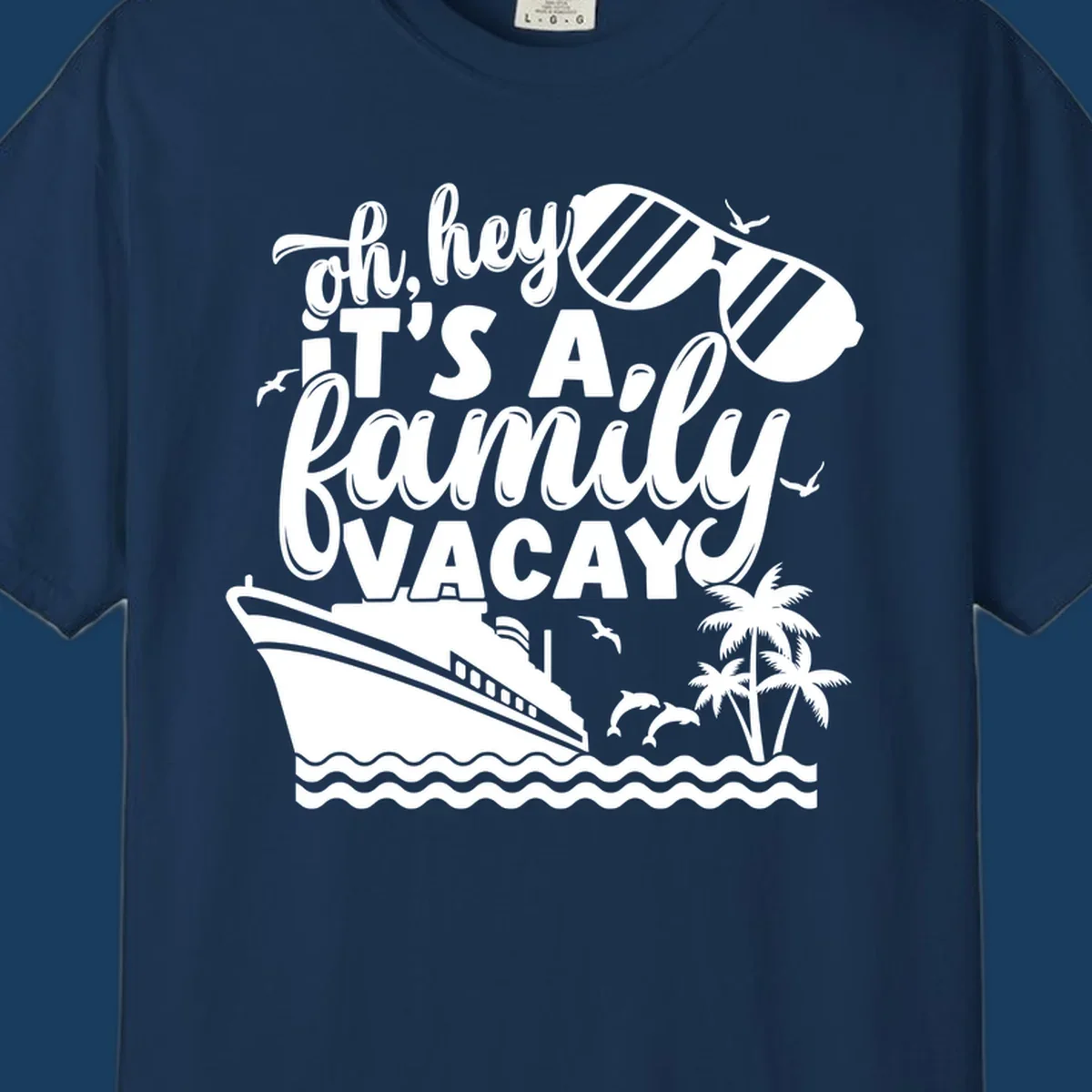 Family vacay cruise text with ship, sunglasses, dolphins, and palm trees.