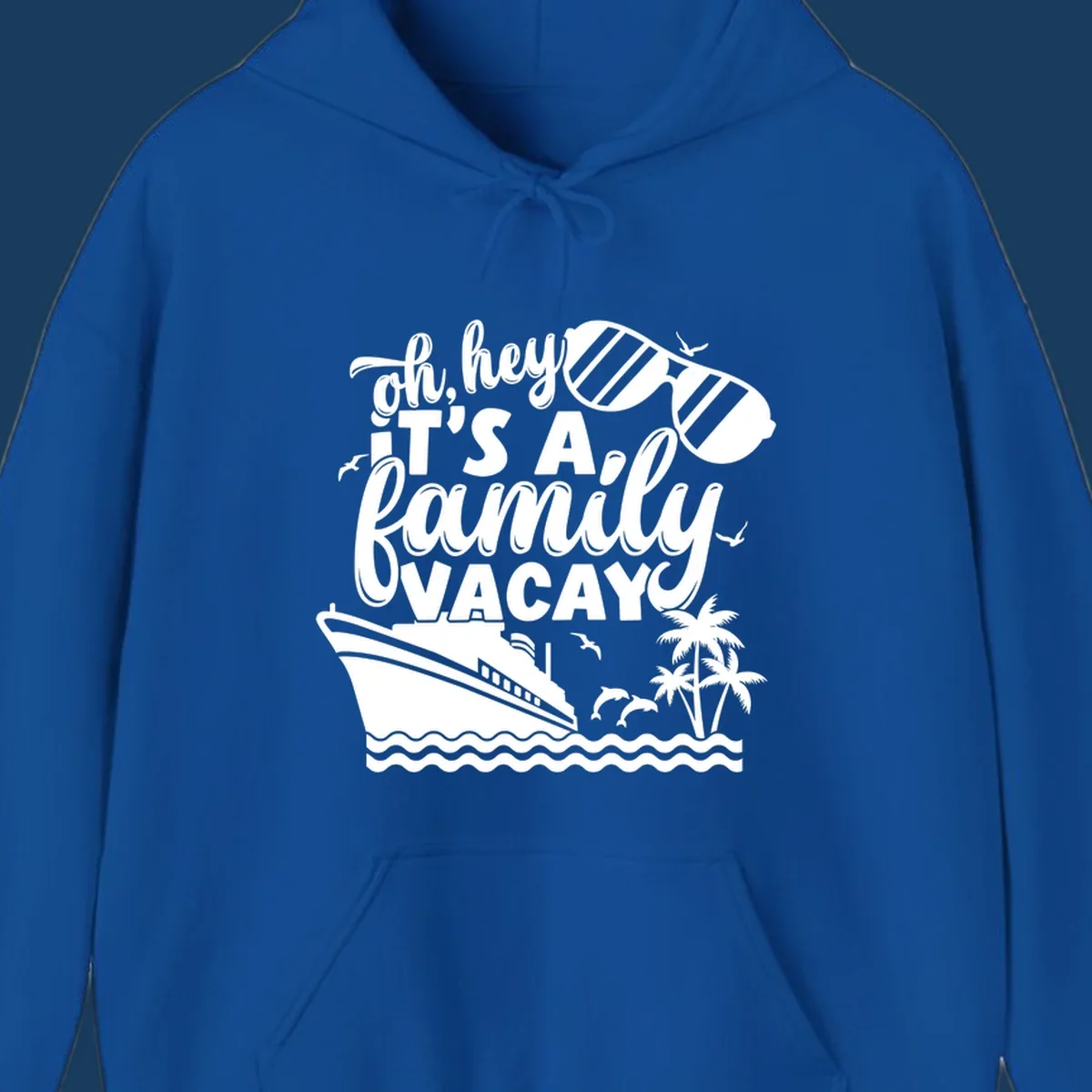 Family vacay cruise text with ship, sunglasses, dolphins, and palm trees.