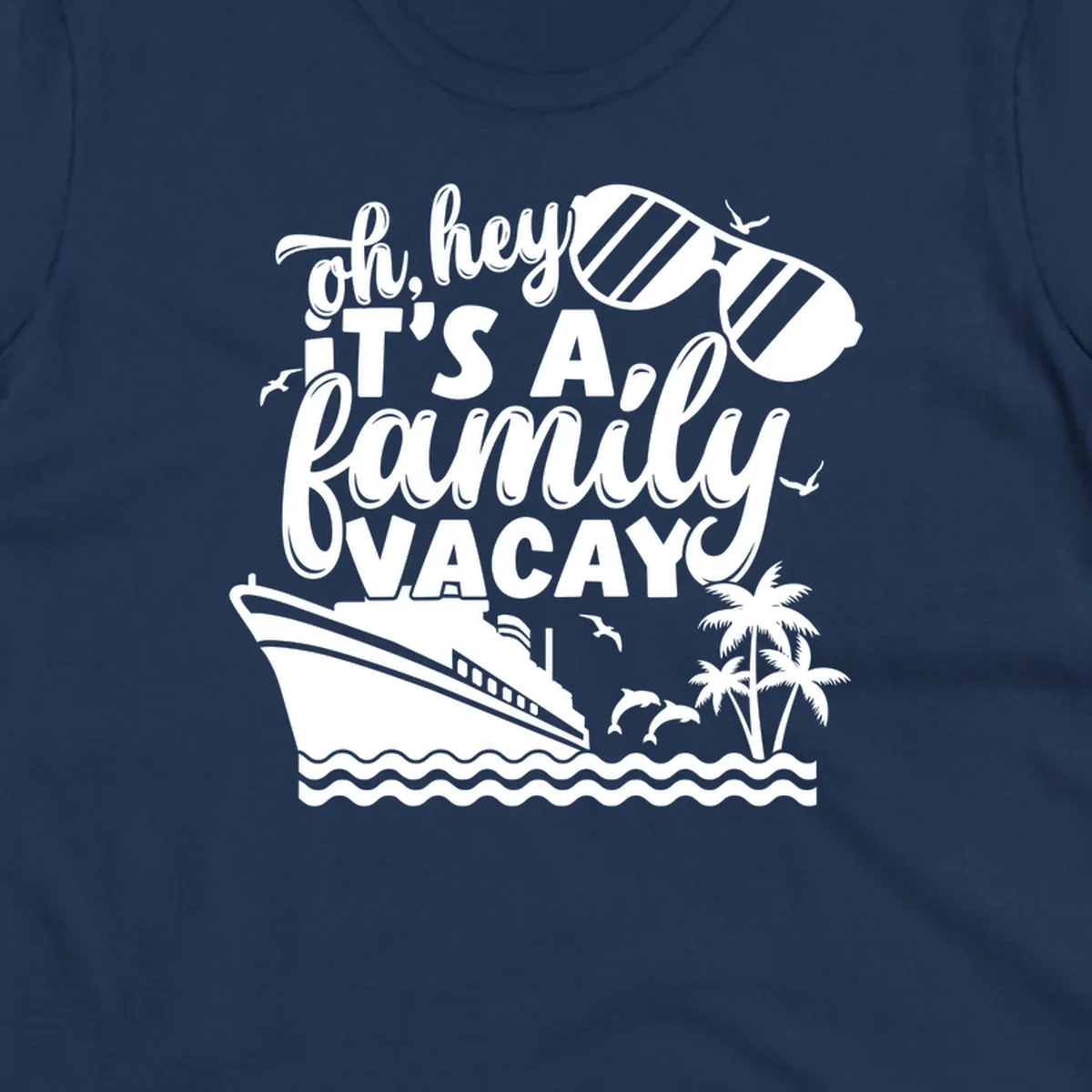 Family vacay cruise text with ship, sunglasses, dolphins, and palm trees.