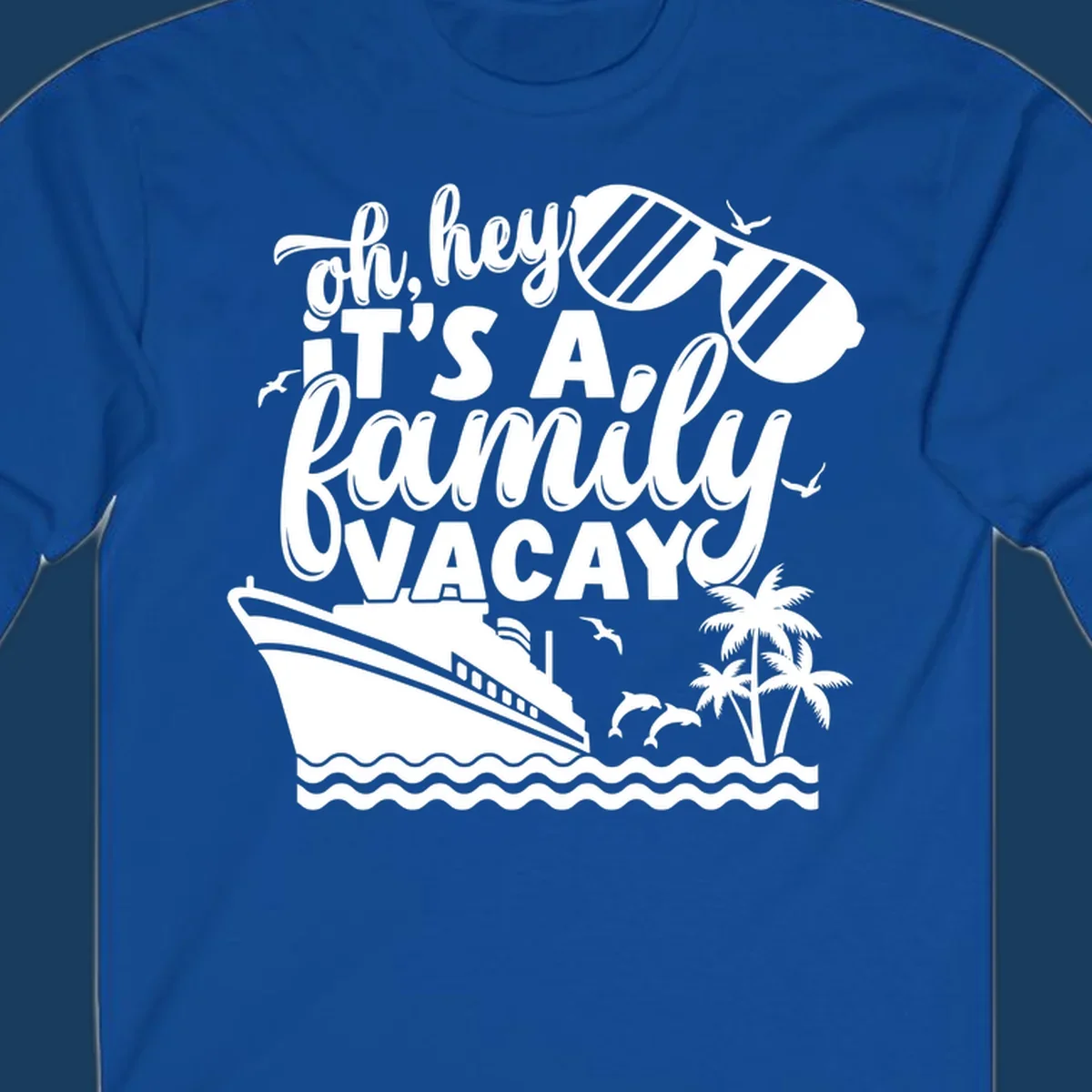 Family vacay cruise text with ship, sunglasses, dolphins, and palm trees.