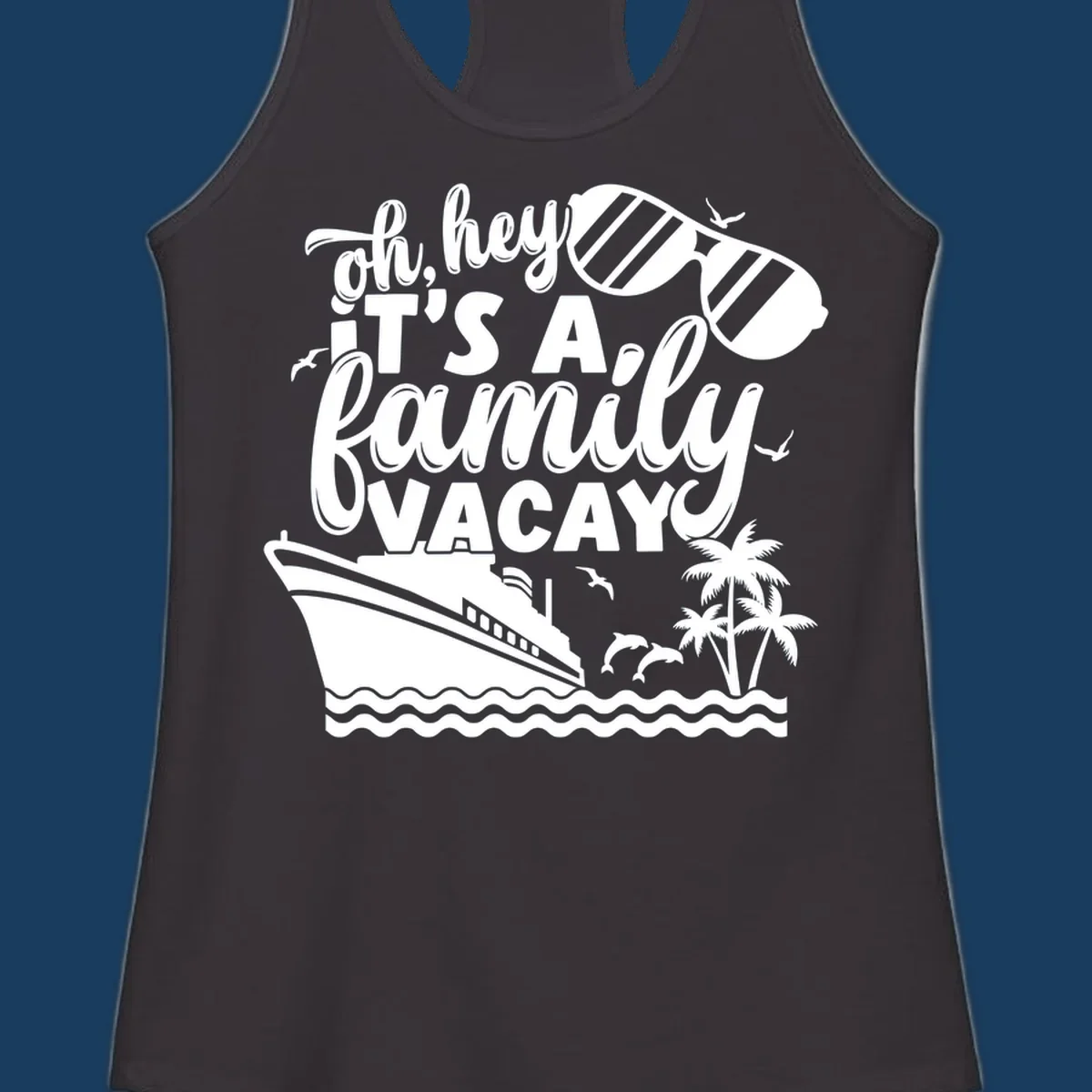 Family vacay cruise text with ship, sunglasses, dolphins, and palm trees.