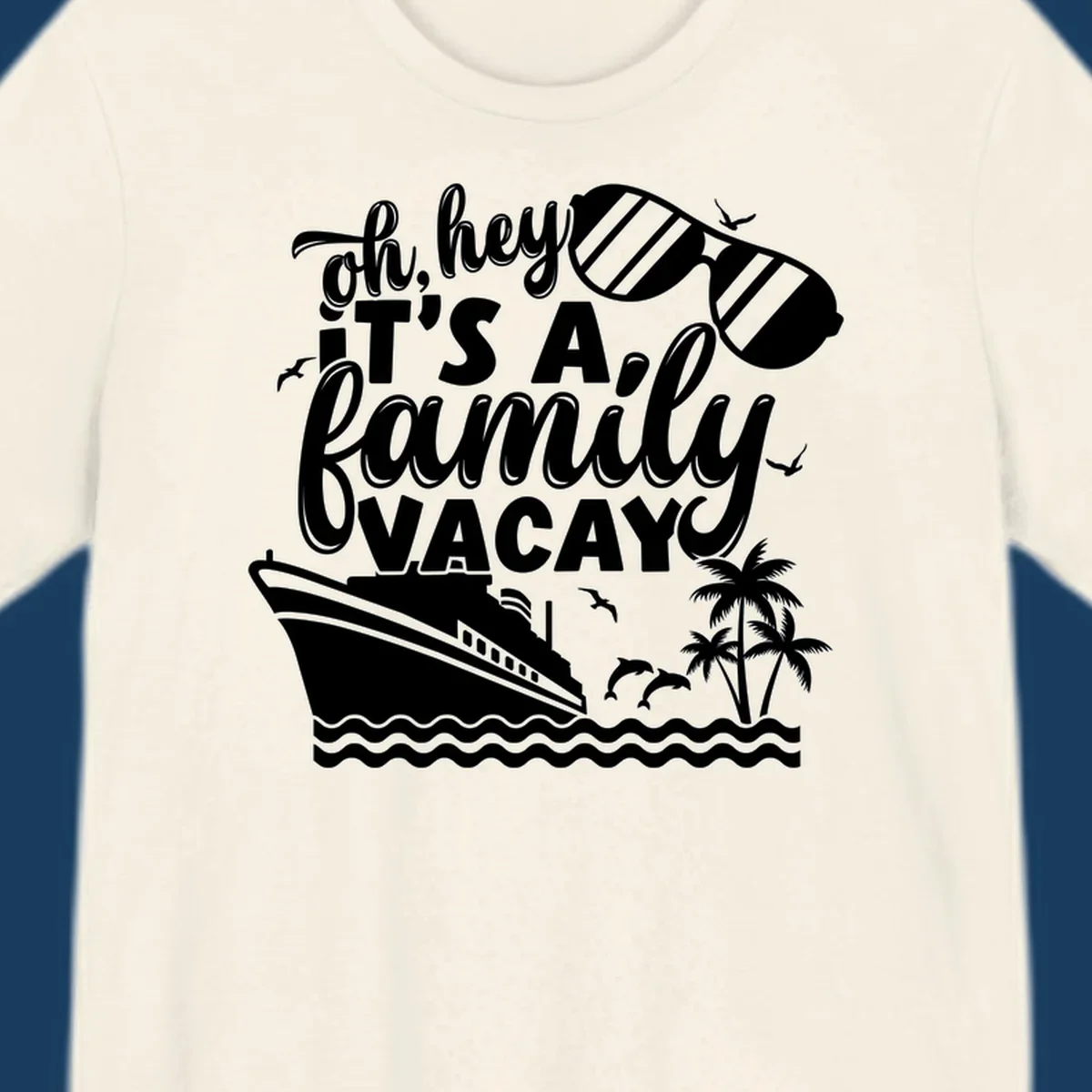 Family vacay cruise text with ship, sunglasses, dolphins, and palm trees.