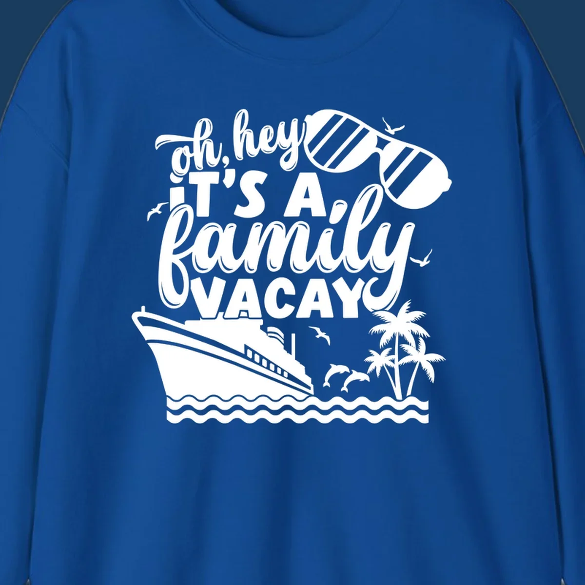 Family vacay cruise text with ship, sunglasses, dolphins, and palm trees.