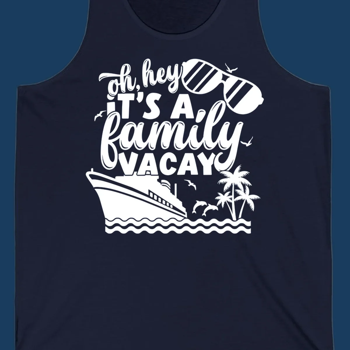 Family vacay cruise text with ship, sunglasses, dolphins, and palm trees.