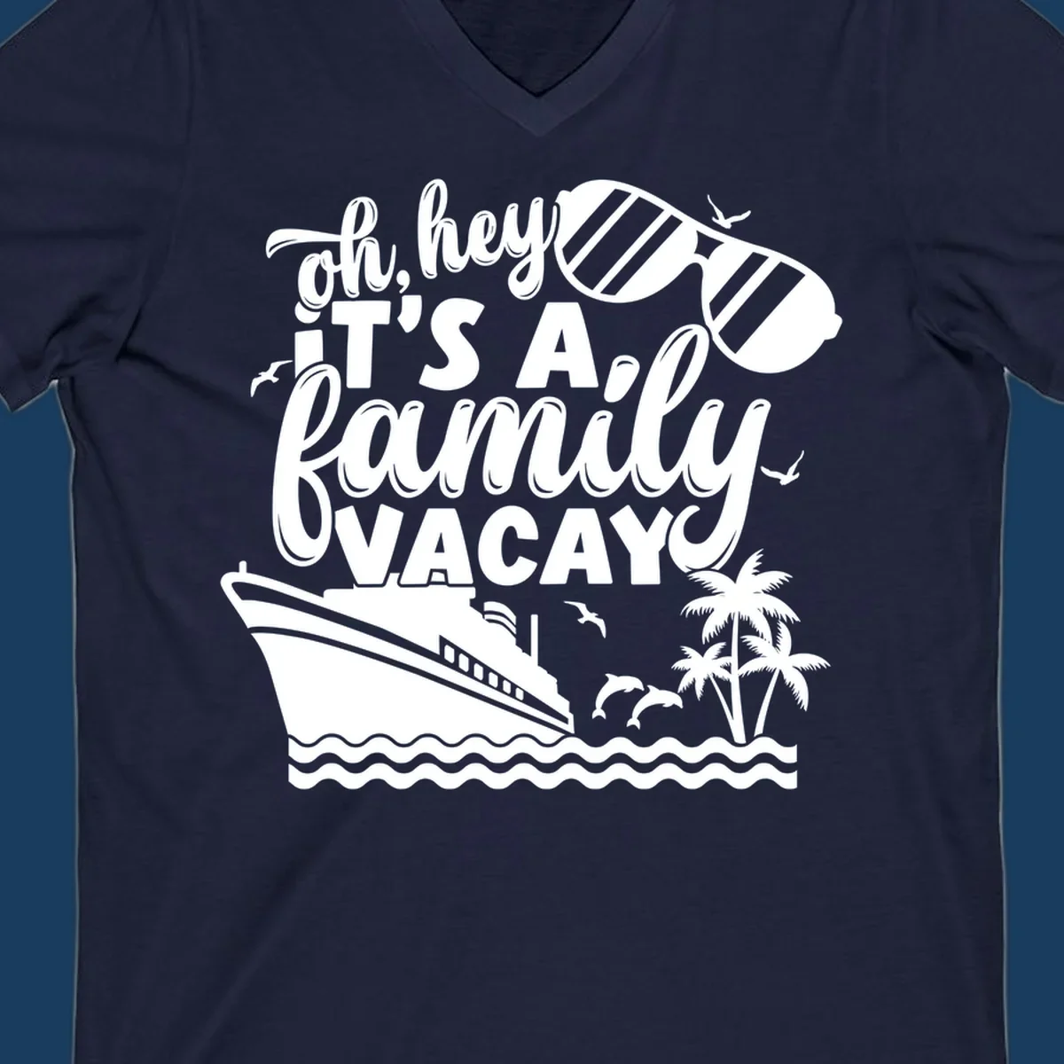Family vacay cruise text with ship, sunglasses, dolphins, and palm trees.