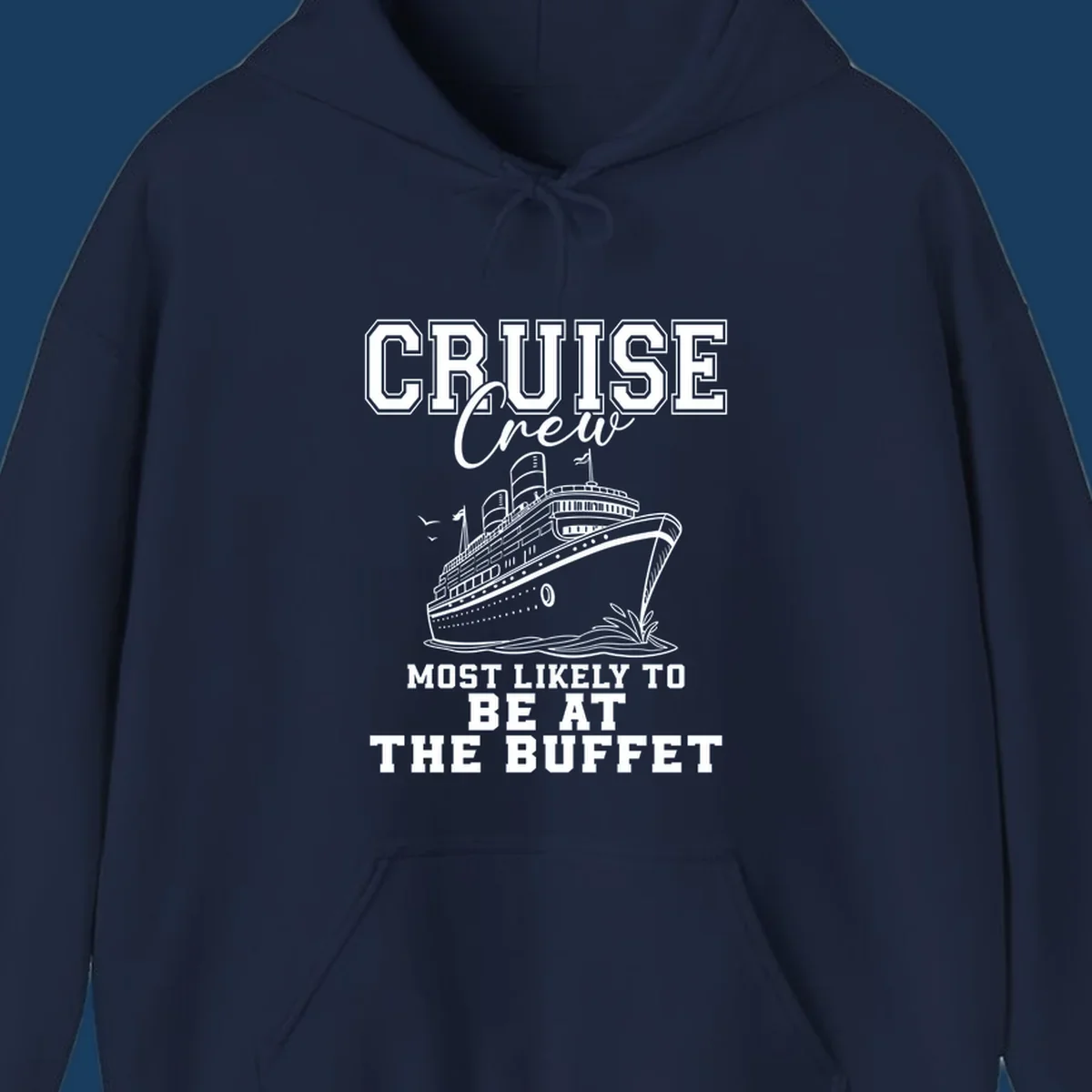 Cruise crew most likely to be at the buffet text with cruise ship illustration.