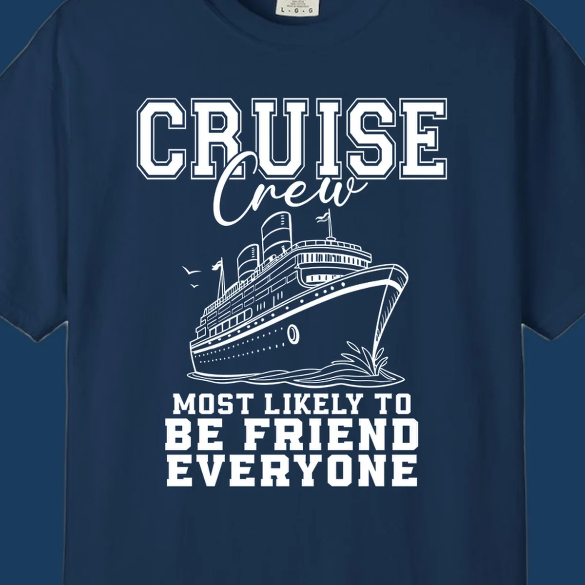 Cruise crew most likely to be friend everyone text and illustration of a cruise ship.