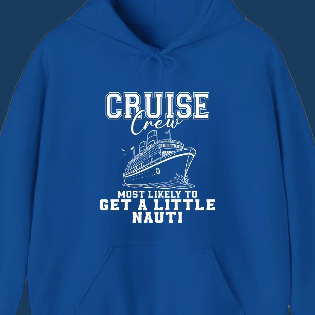 Cruise crew text with a cruise ship illustration, featuring the phrase 'most likely to get a little nauti'.
