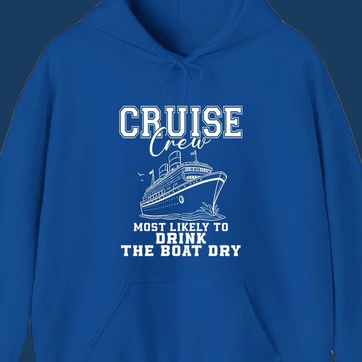 Cruise ship illustration with text 'Most Likely To Drink The Boat Dry' for a funny cruise crew shirt.