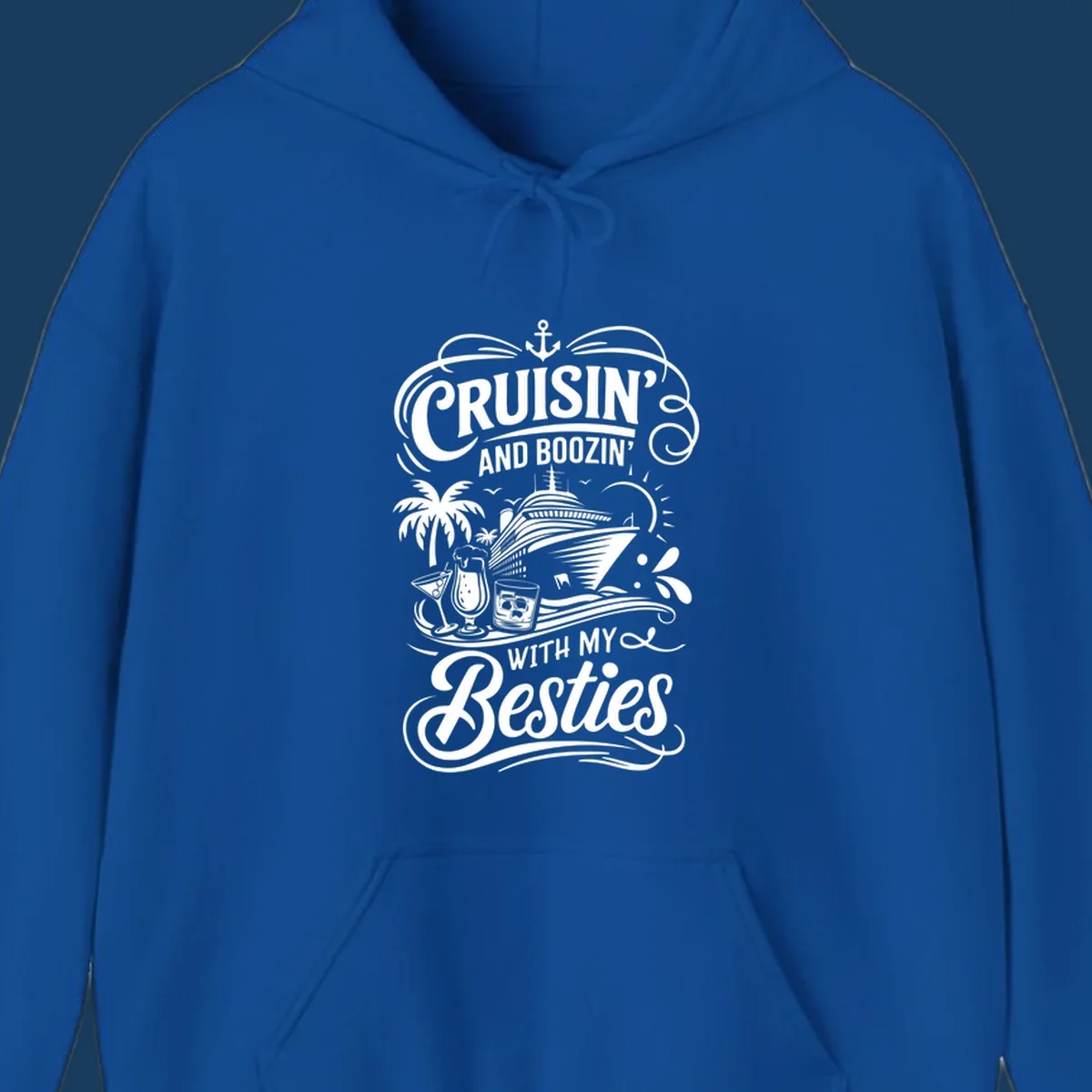 Cruisin and Boozin With My Besties text and cruise ship graphic. Primary keyword: cruisin-boozin-besties