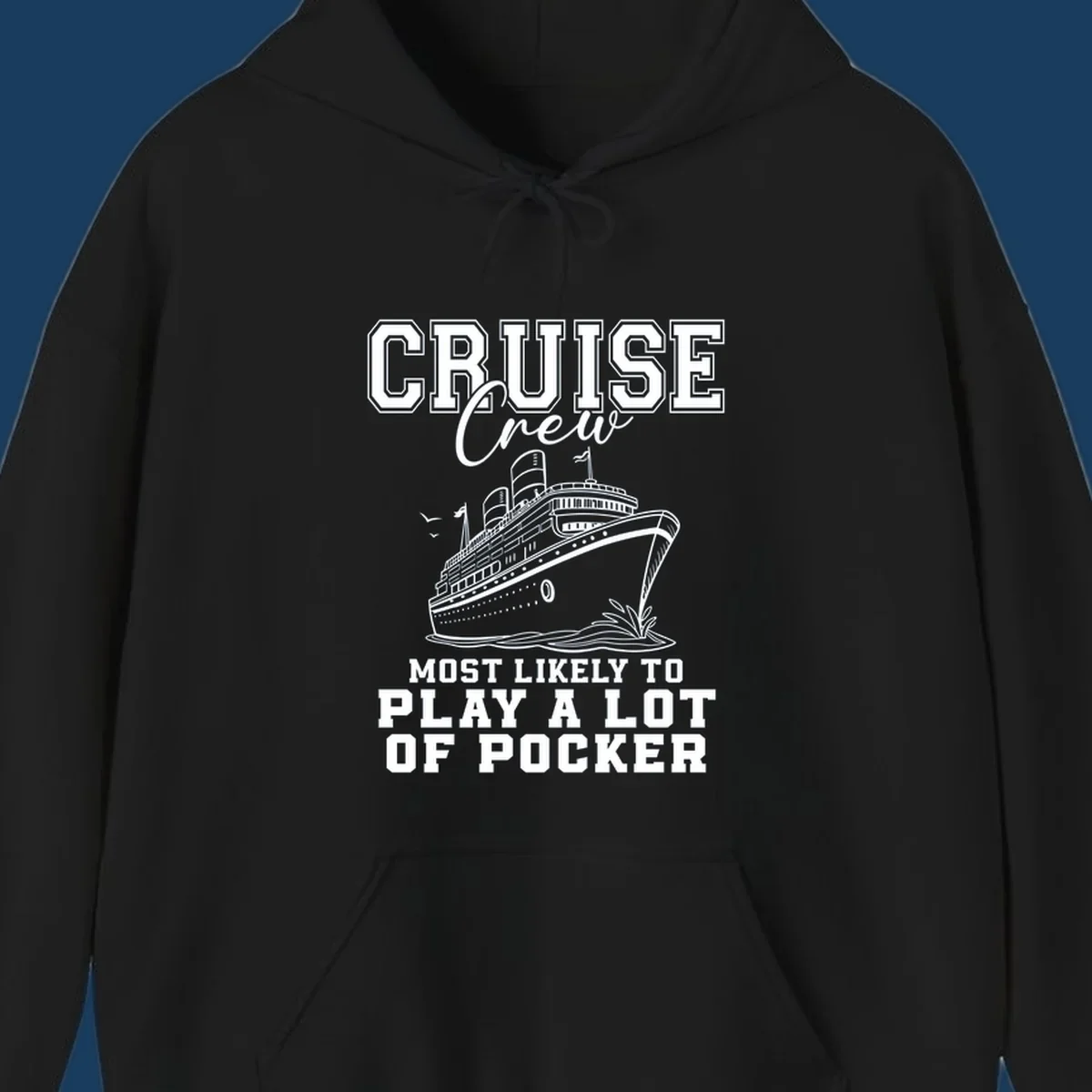 Cruise crew most likely to play poker text with a graphic of a cruise ship and birds.