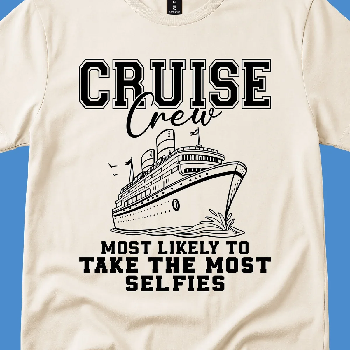 Cruise crew design with text about taking selfies and an illustration of a cruise ship.
