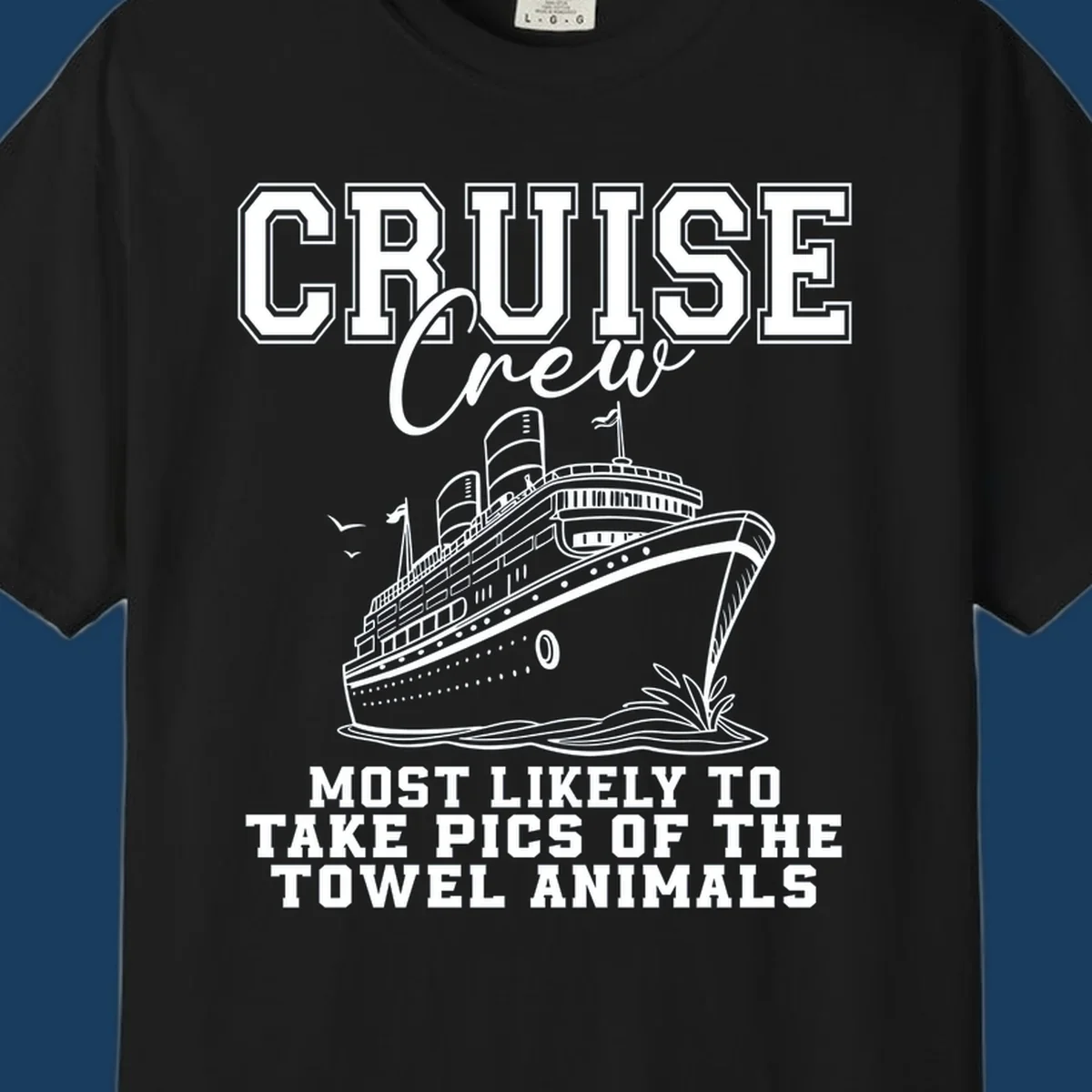 Cruise crew with text about taking pictures of towel animals, featuring a cruise ship illustration.