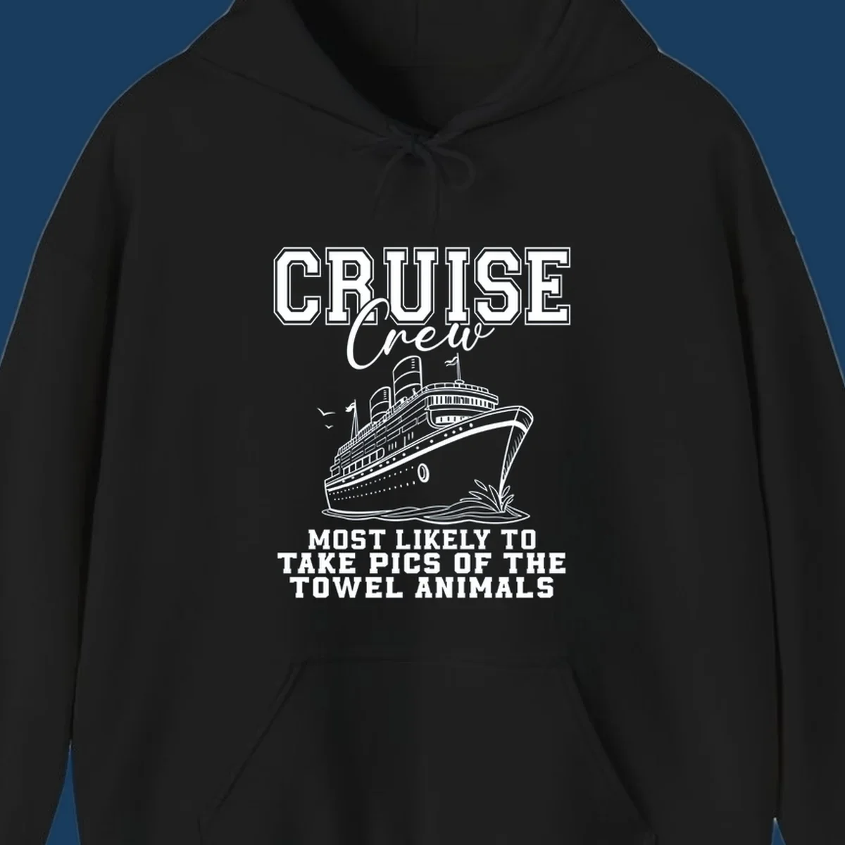 Cruise crew with text about taking pictures of towel animals, featuring a cruise ship illustration.