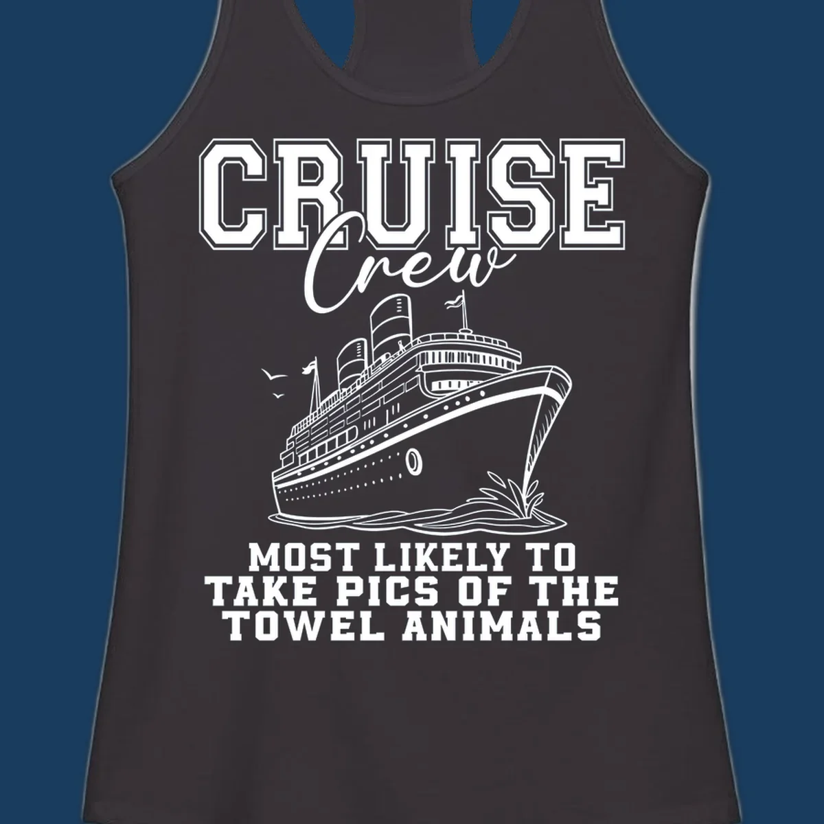 Cruise crew with text about taking pictures of towel animals, featuring a cruise ship illustration.