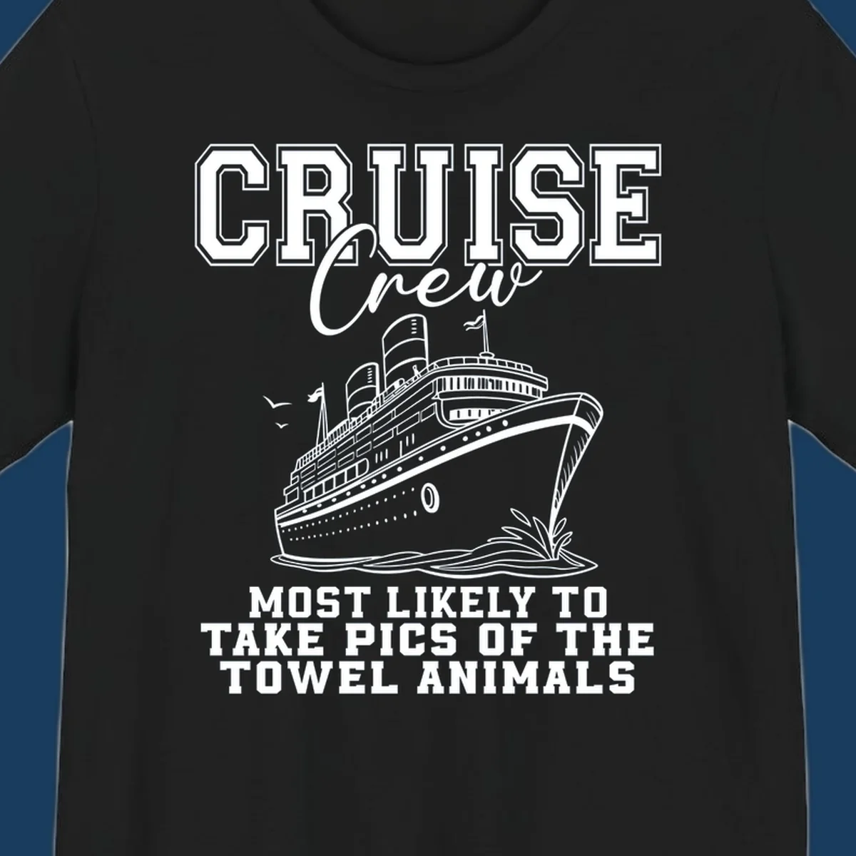 Cruise crew with text about taking pictures of towel animals, featuring a cruise ship illustration.