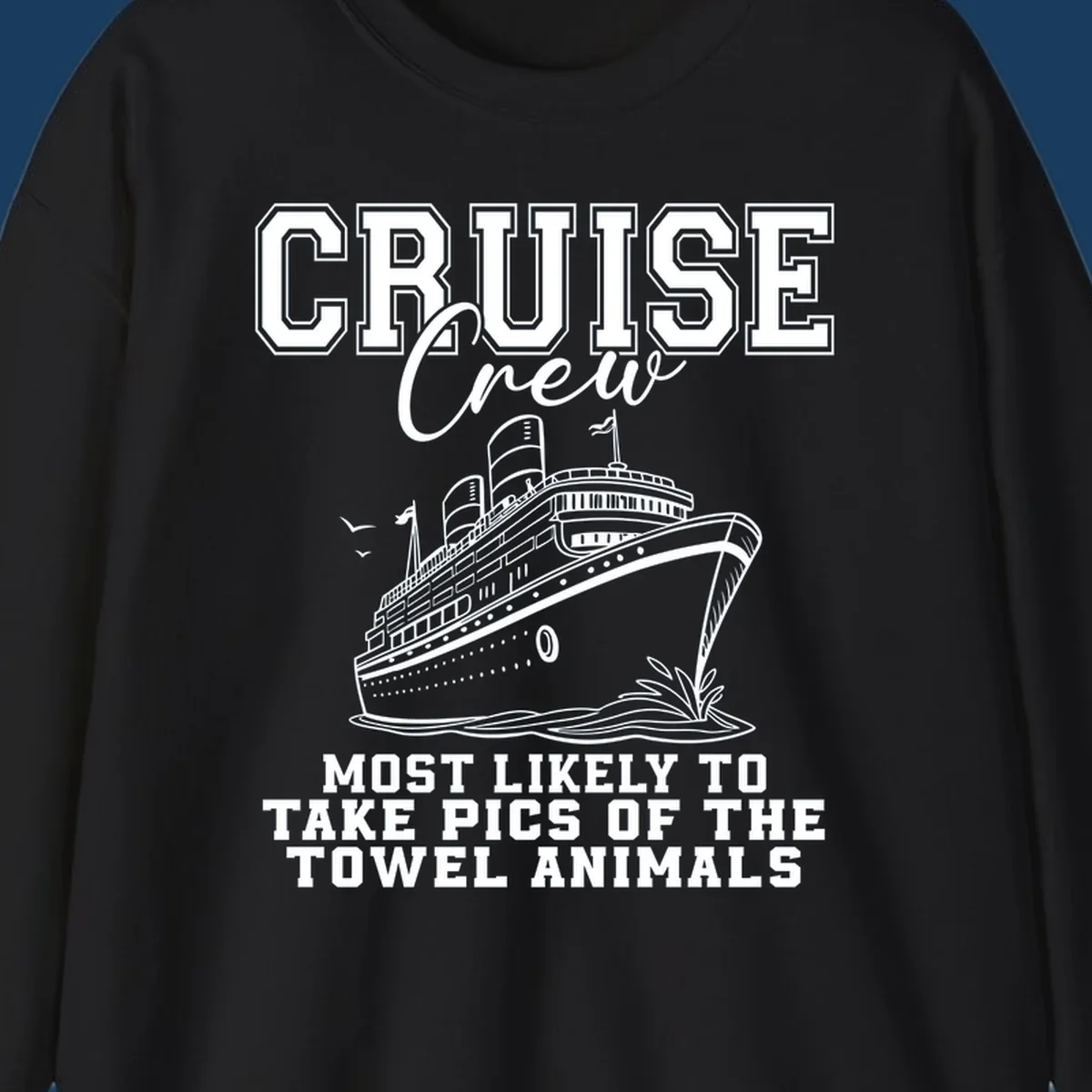 Cruise crew with text about taking pictures of towel animals, featuring a cruise ship illustration.
