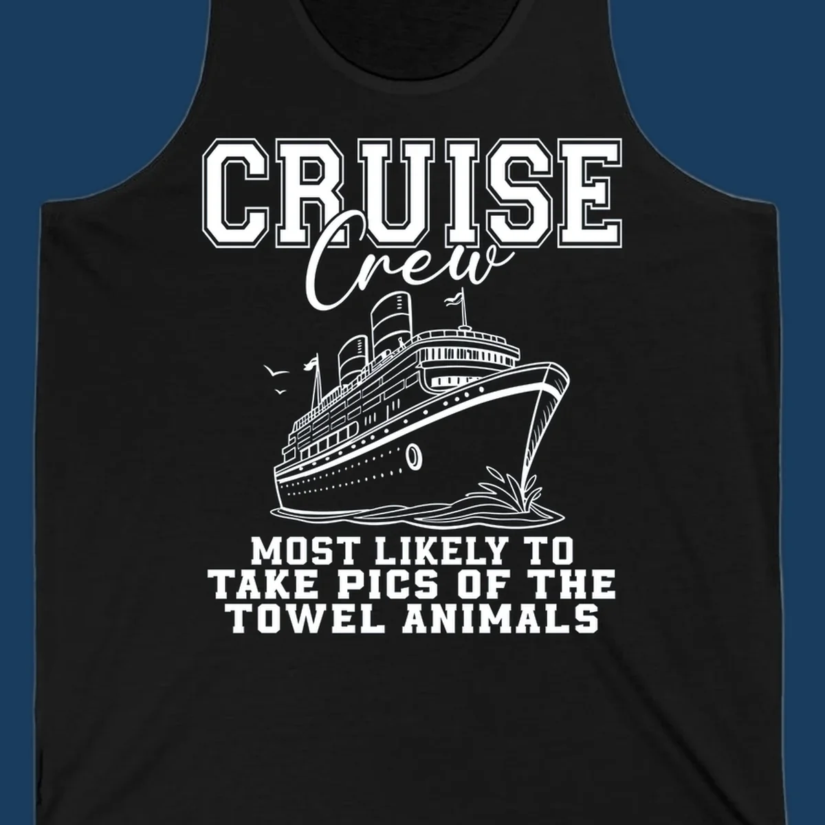 Cruise crew with text about taking pictures of towel animals, featuring a cruise ship illustration.
