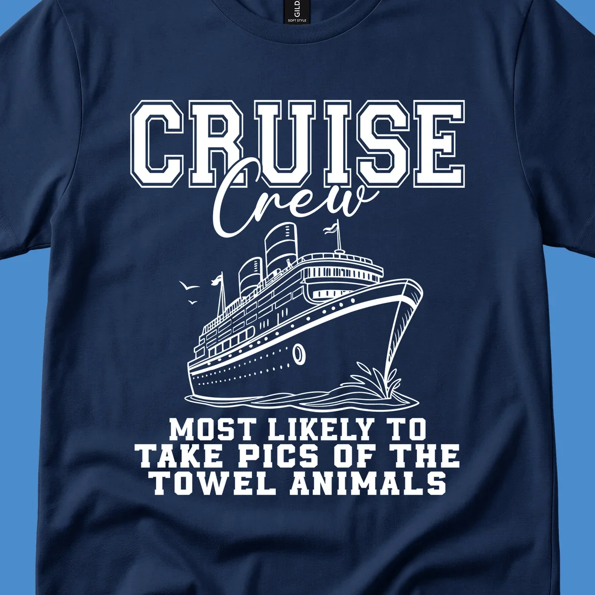 Cruise crew with text about taking pictures of towel animals, featuring a cruise ship illustration.
