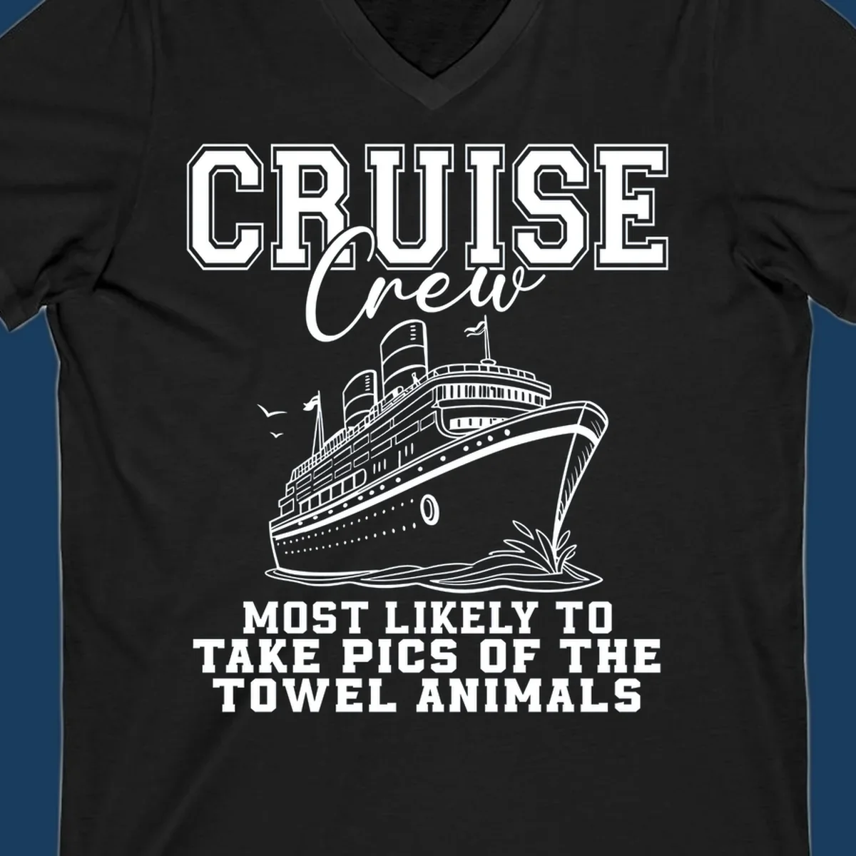 Cruise crew with text about taking pictures of towel animals, featuring a cruise ship illustration.