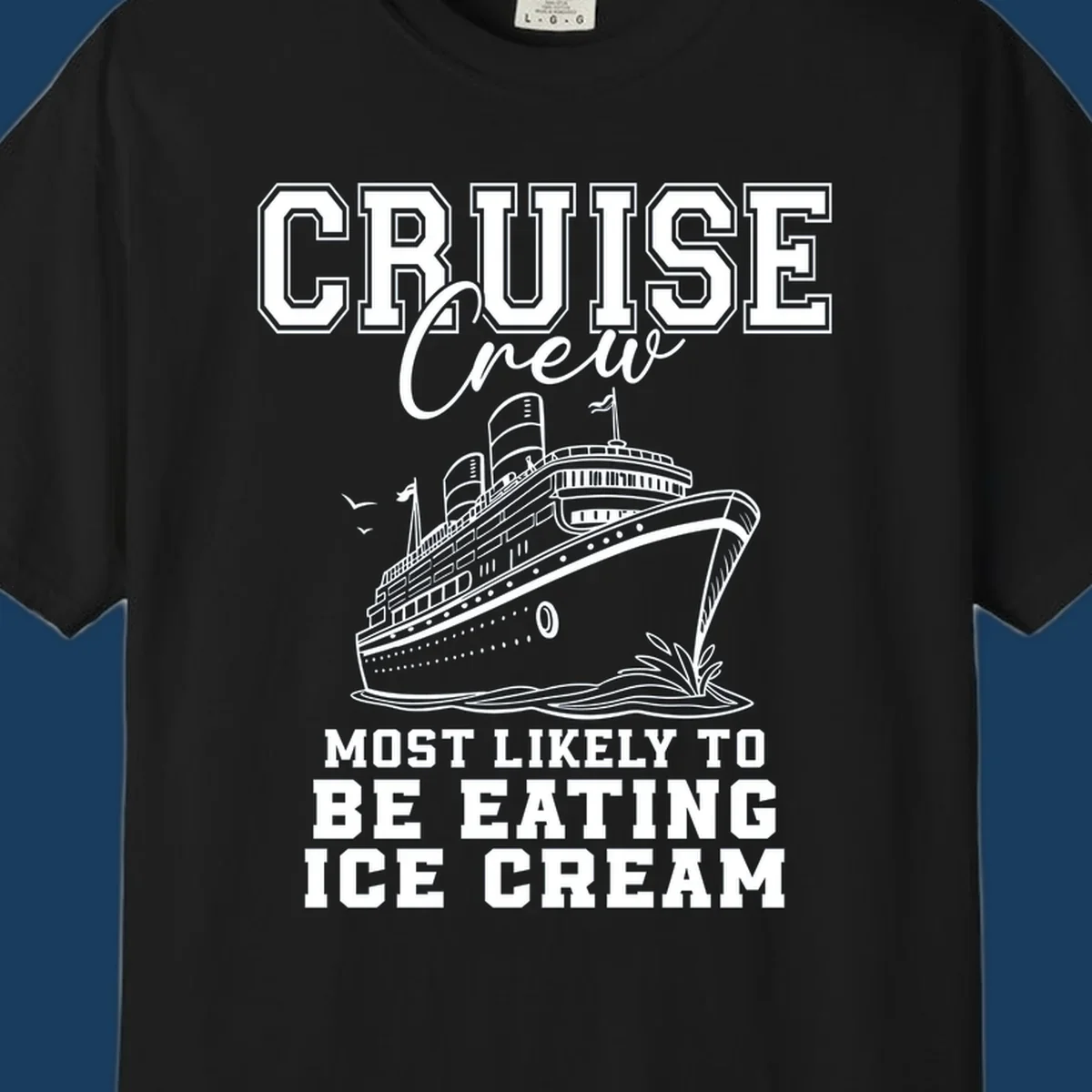 Cruise crew eating ice cream design with a cruise ship illustration.