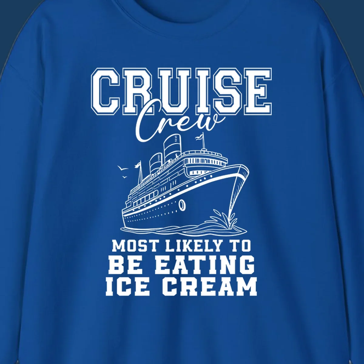 Cruise crew eating ice cream design with a cruise ship illustration.