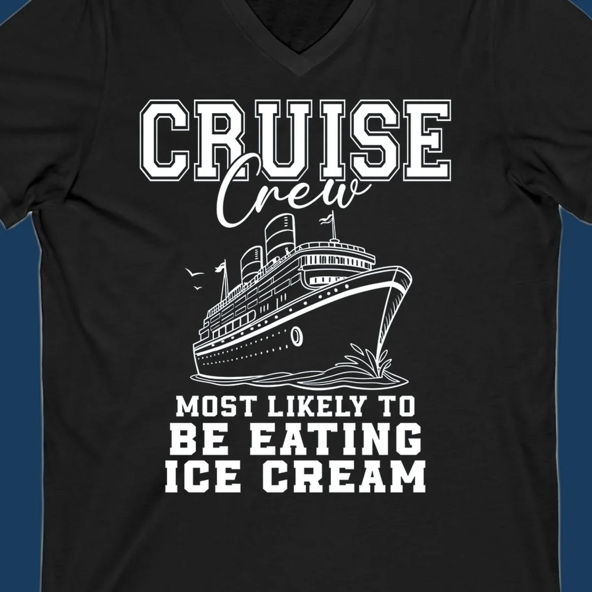 Cruise crew eating ice cream design with a cruise ship illustration.