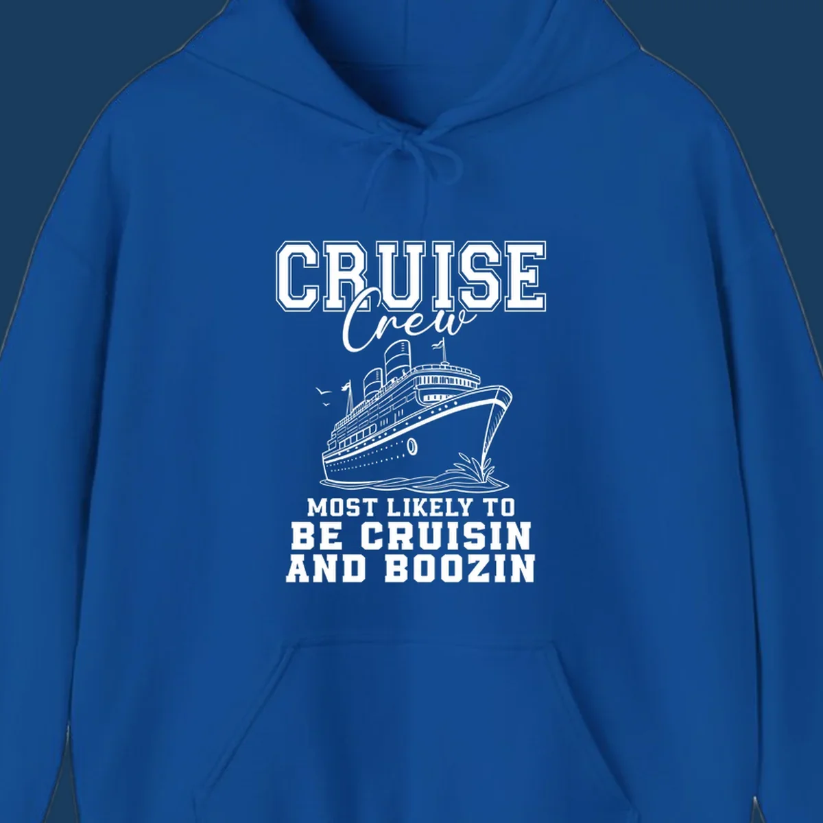 Cruise crew cruisin and boozin text with a cruise ship illustration.