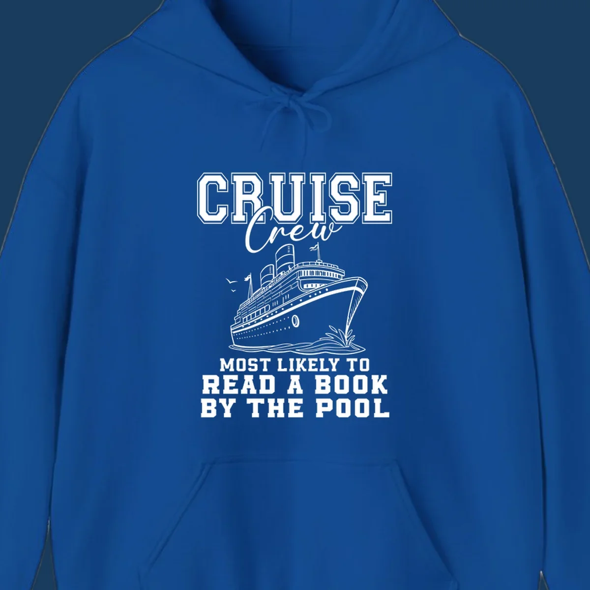 Cruise ship and text 'Cruise Crew Most Likely To Read A Book By The Pool'. Book lover cruise.