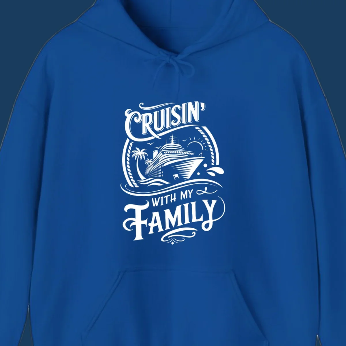 Cruisin with family text and cruise ship illustration on black background.