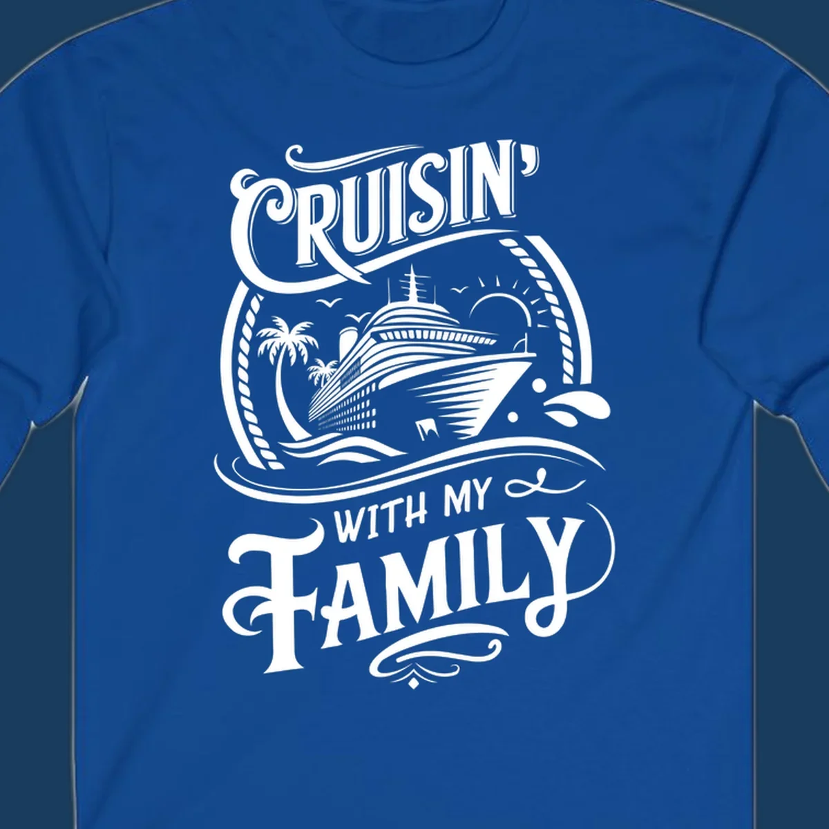 Cruisin with family text and cruise ship illustration on black background.