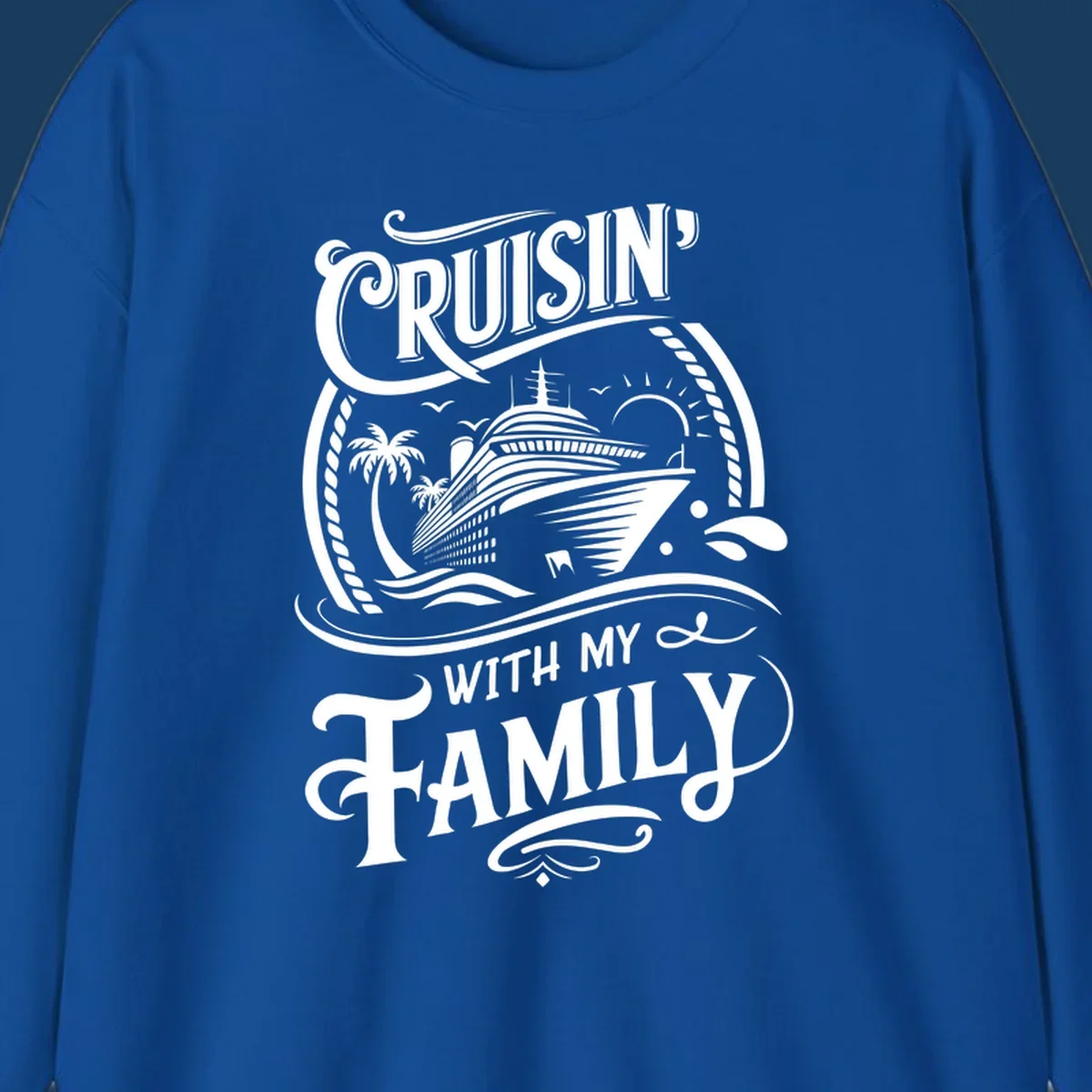 Cruisin with family text and cruise ship illustration on black background.