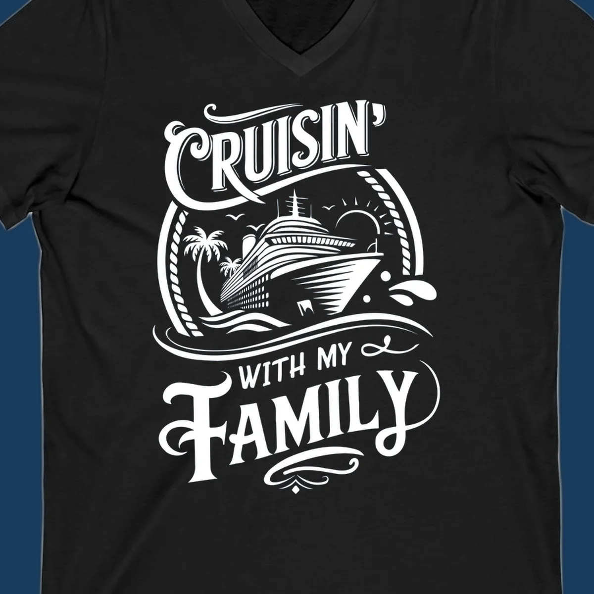 Cruisin with family text and cruise ship illustration on black background.