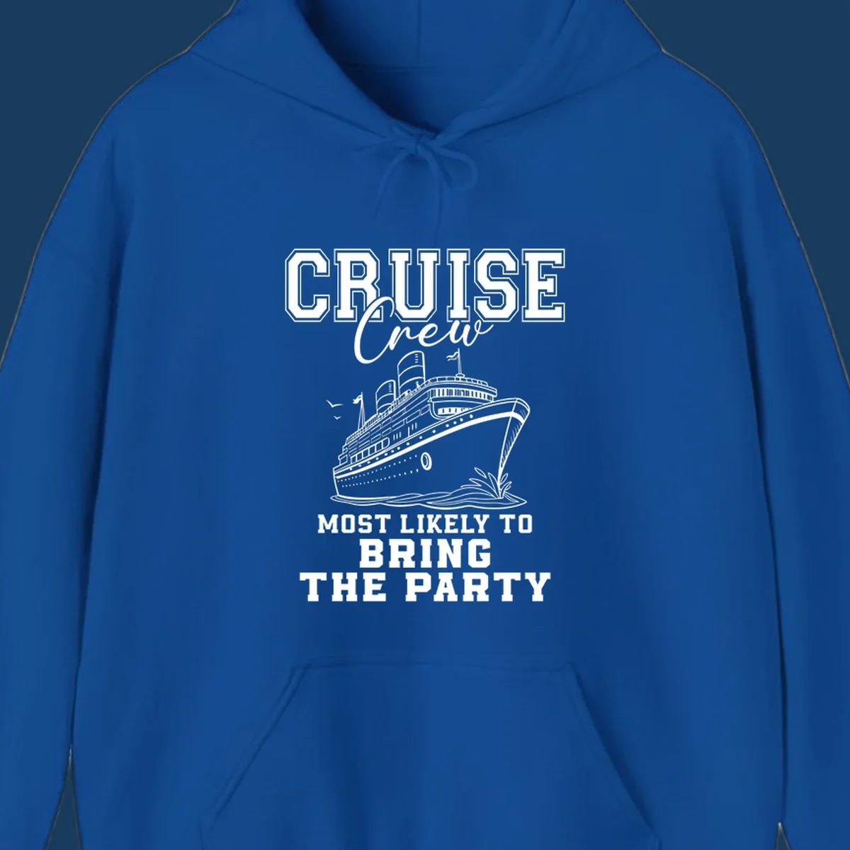 Cruise ship illustration with text 'Cruise Crew Most Likely To Bring The Party'.