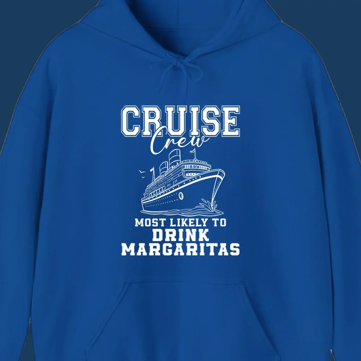 Cruise ship illustration with text 'Cruise Crew Most Likely To Drink Margaritas' for funny cruise trips.