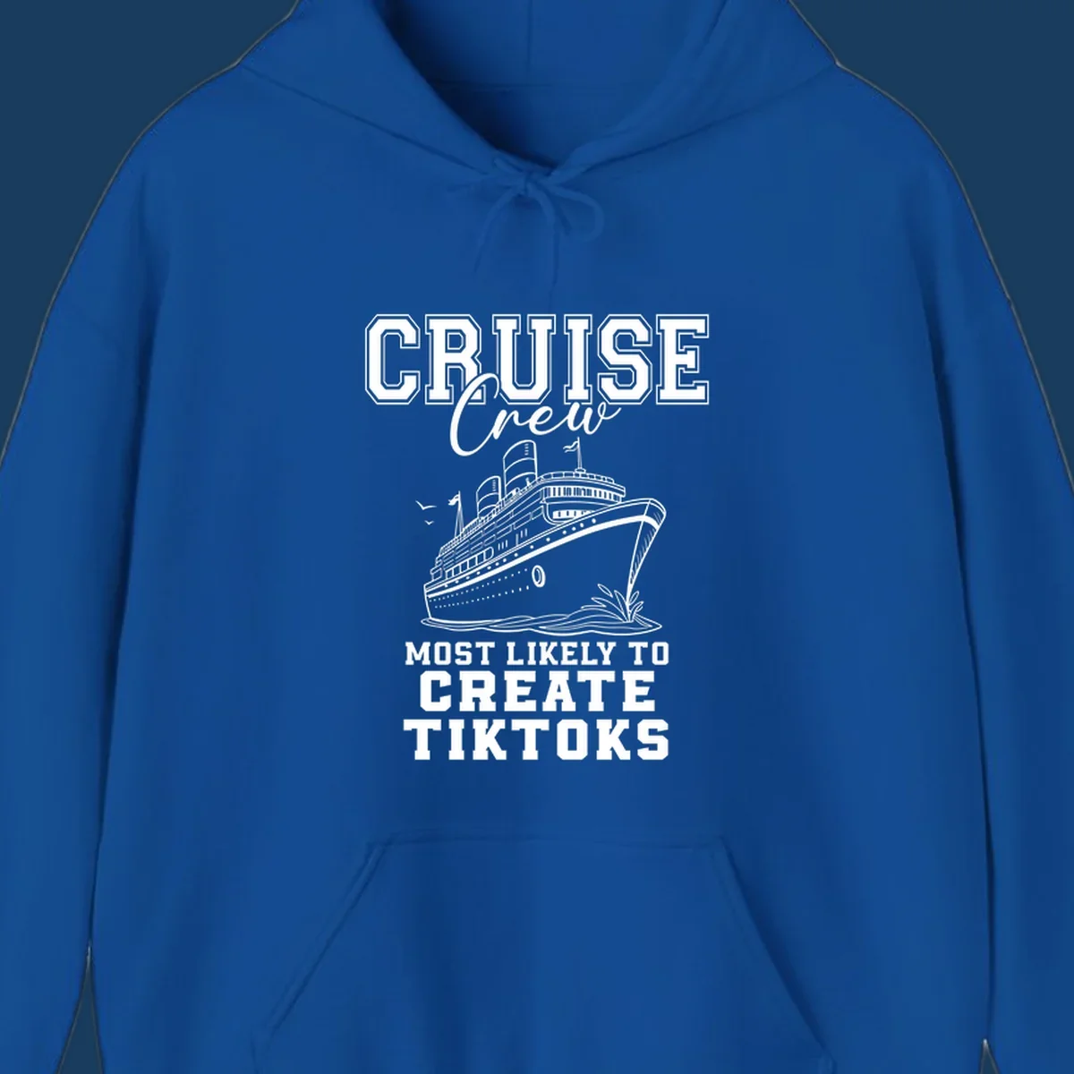 Cruise crew most likely to create tiktoks design with a cruise ship illustration and text.