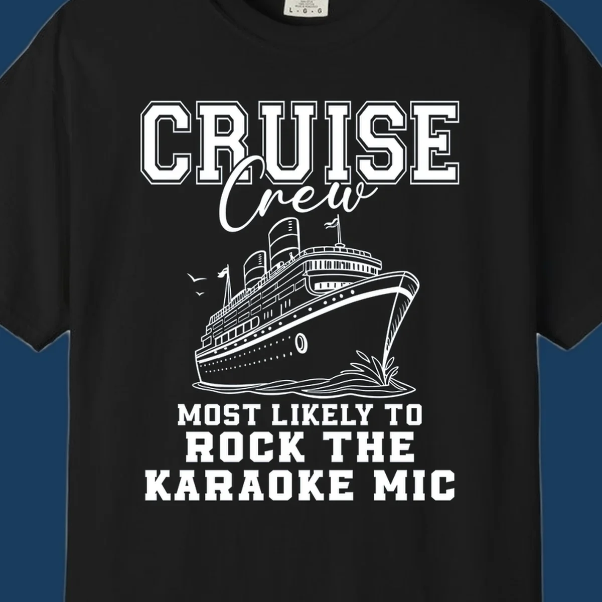 Cruise crew rocking the karaoke mic illustration with a cruise ship.