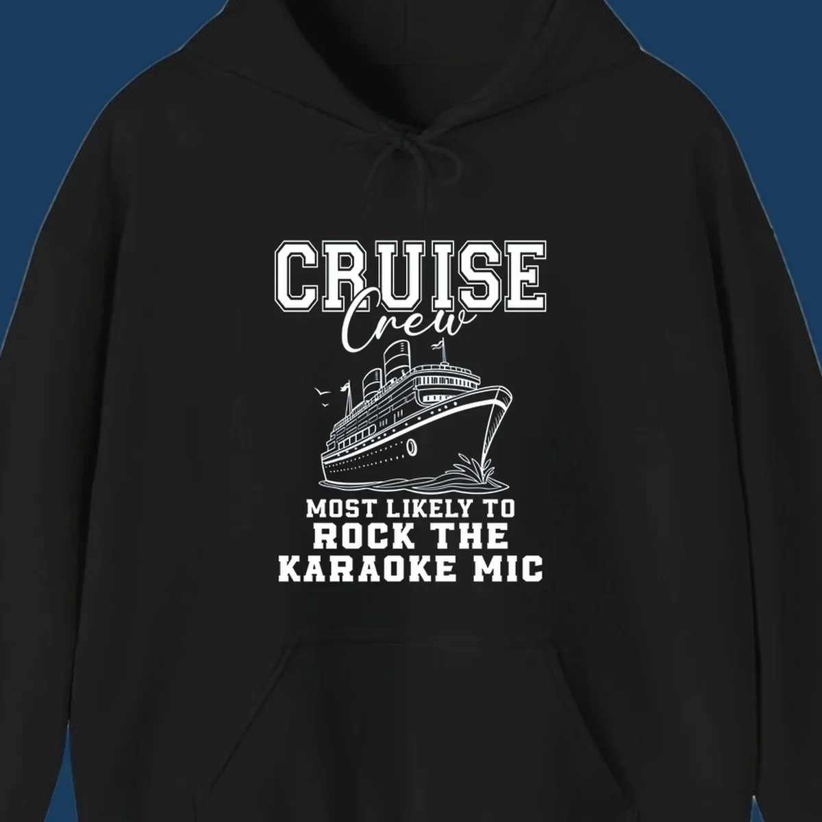 Cruise crew rocking the karaoke mic illustration with a cruise ship.